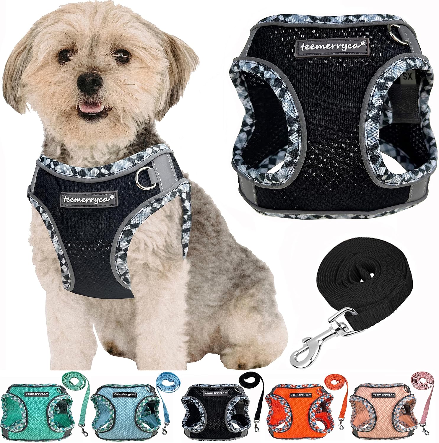 TEEMERRYCA Juego de arnés y correa para perro pequeño, fácil de poner y quitar, chaleco reflectante ajustable para cachorros y perros y gatitos