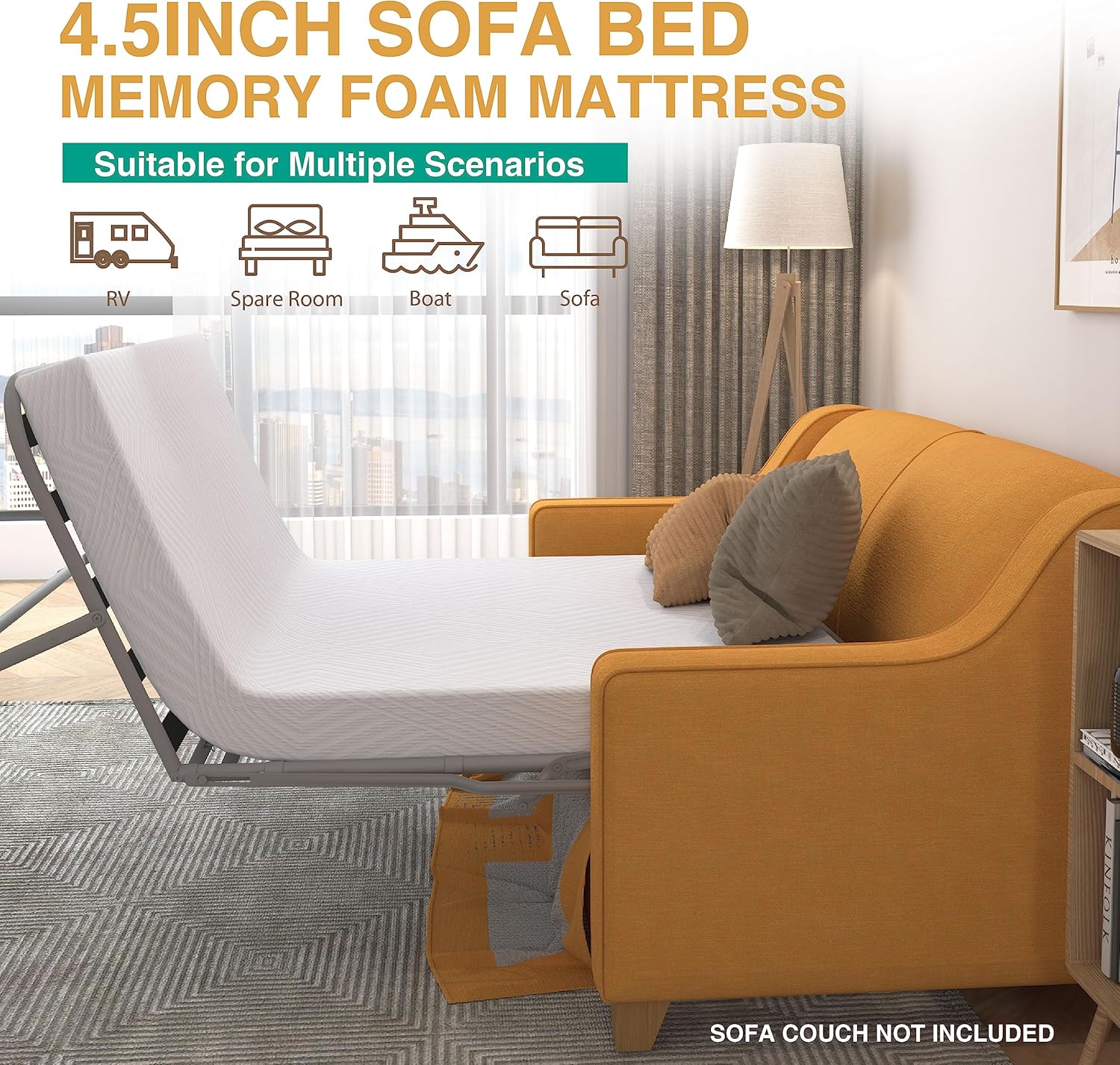 Repuesto de colchón de espuma viscoelástica de 4.5 pulgadas con tela sin fibra de vidrio y funda lavable para sofá cama y sofá cama, tamaño
