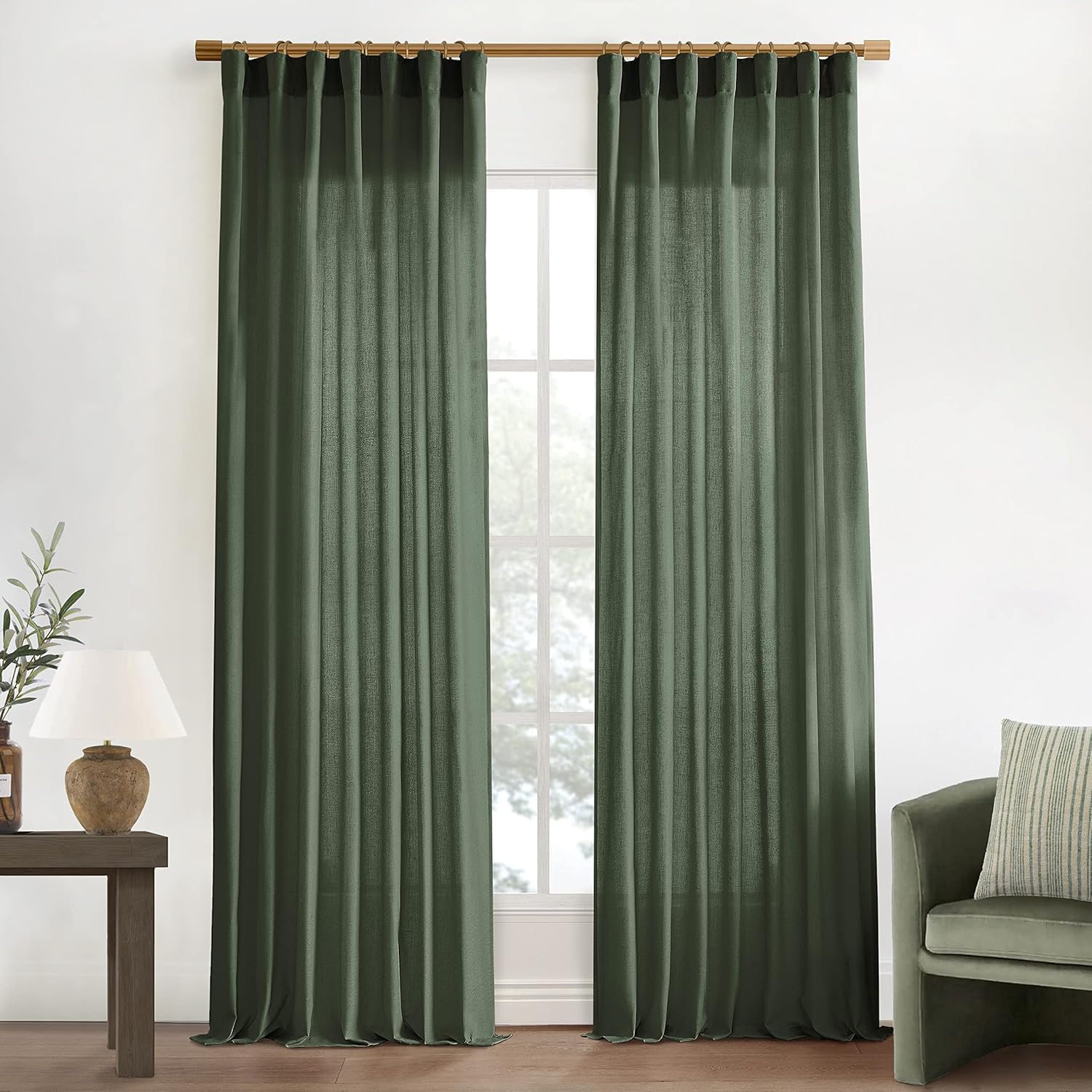 XTMYI Juego de 2 paneles de cortinas de lino transparente de 102 pulgadas de largo, color verde oliva, cinturón de gancho, pestaña trasera, mezcla