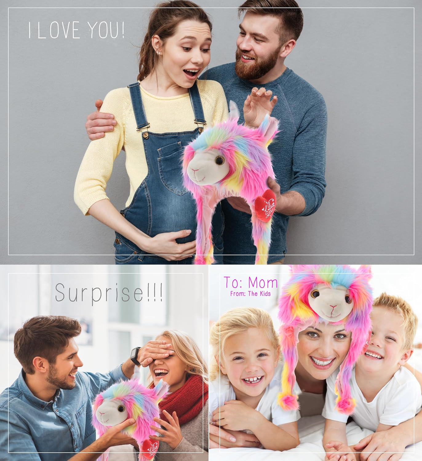 DolliBu Sombrero de peluche con texto en inglés “I Love You” de San Valentín, bonito animal de peluche con corazón rojo y nombre, regalo