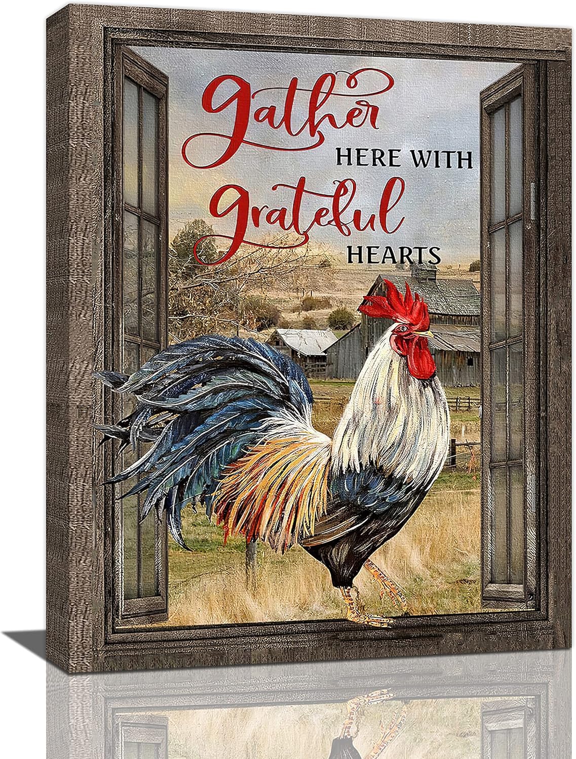 Arte de pared de gallo para cocina, cuadros de gallo de granja, decoración de pared rústica Chiken, impresiones de pintura rústica enmarcada para