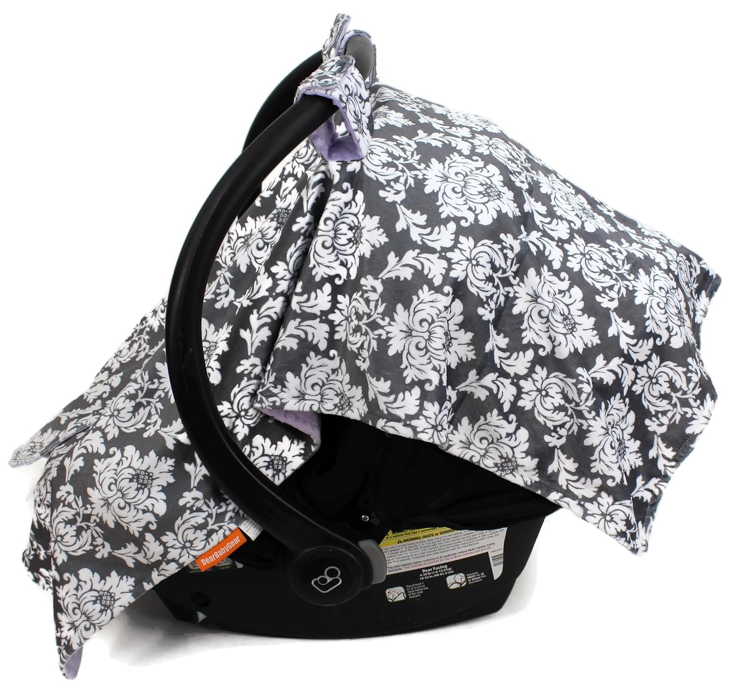 Dear Baby Gear Toldo de asiento de coche de lujo, impresión personalizada Minky gris y blanco, lavanda Minky Dot