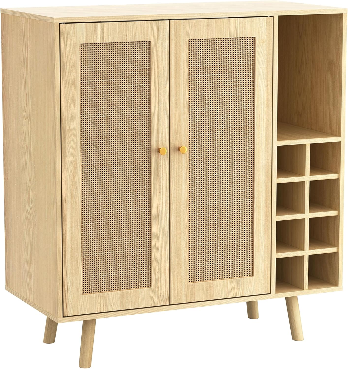 Atlantic Loft & Luv Remy Boho Mid-Century Paneles de ratán natural con almacenamiento, gabinete de barra de acabado