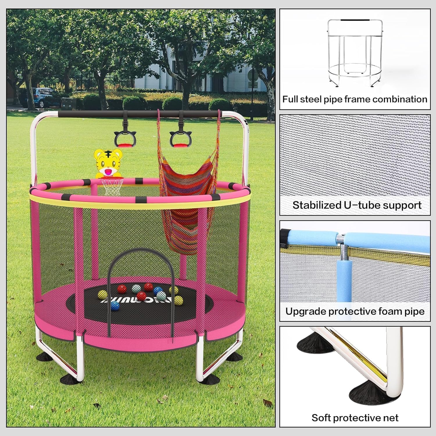 Trampolín para niños, cama elástica ajustable para bebés con aro de baloncesto, 440 libras para interiores y exteriores, trampolín para niños