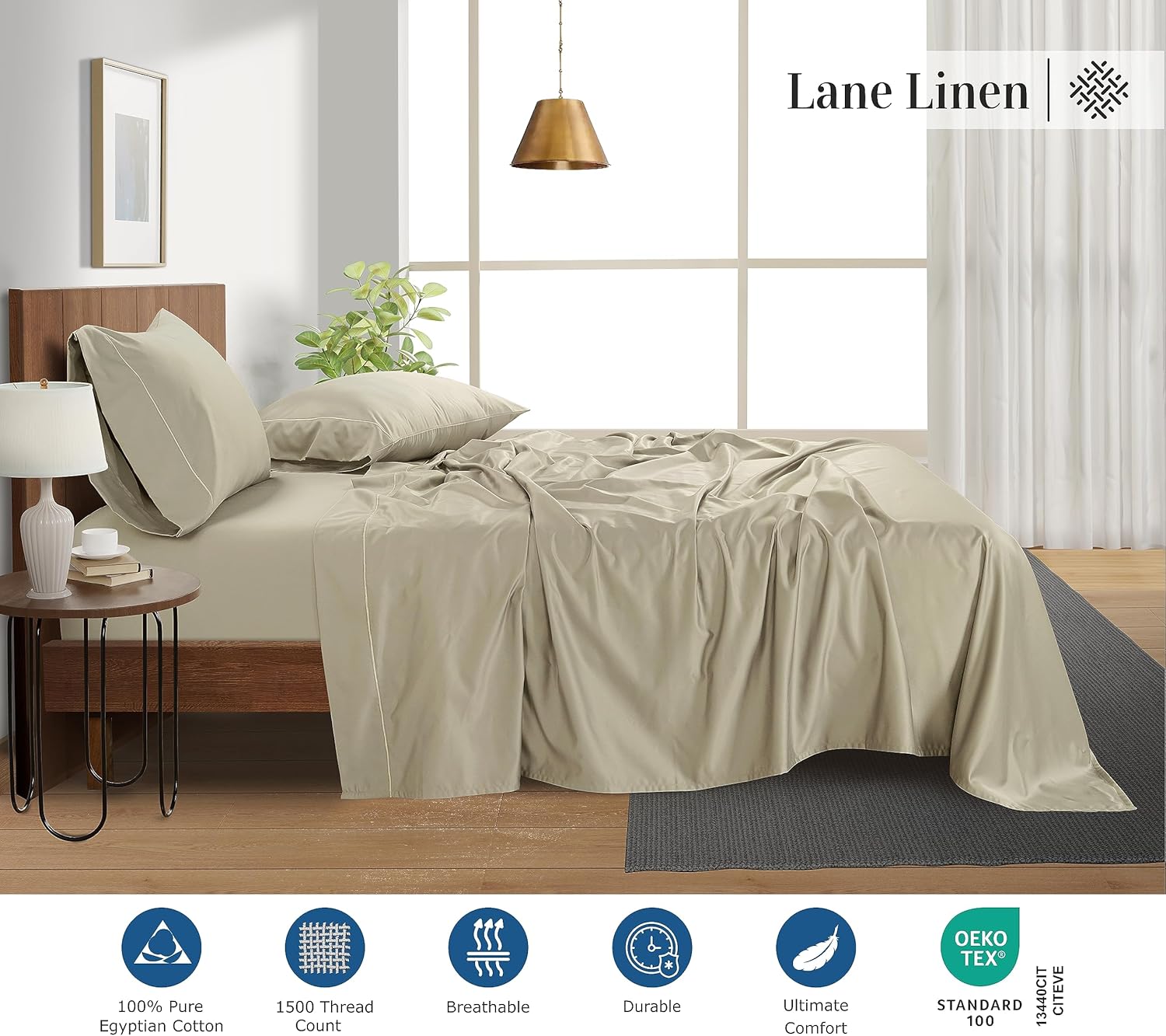 LANE LINEN Juego de sábanas de 100 % algodón egipcio, tamaño King, 1500 hilos, juego de 4 piezas, sábanas de algodón de lujo con tejido satinado,