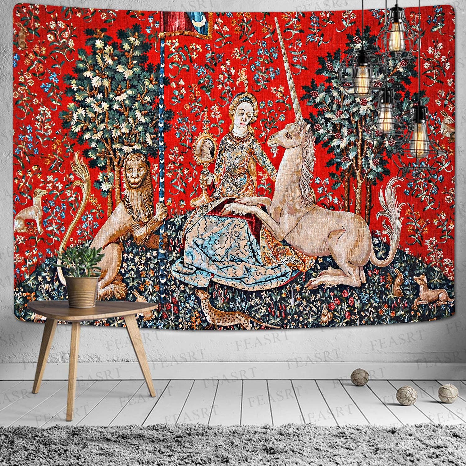FEASRT Tapiz medieval de princesa europeo, tapiz real de La doncella y el unicornio, 80 x 60 pulgadas, para dormitorio, sala de estar, dormitorio,