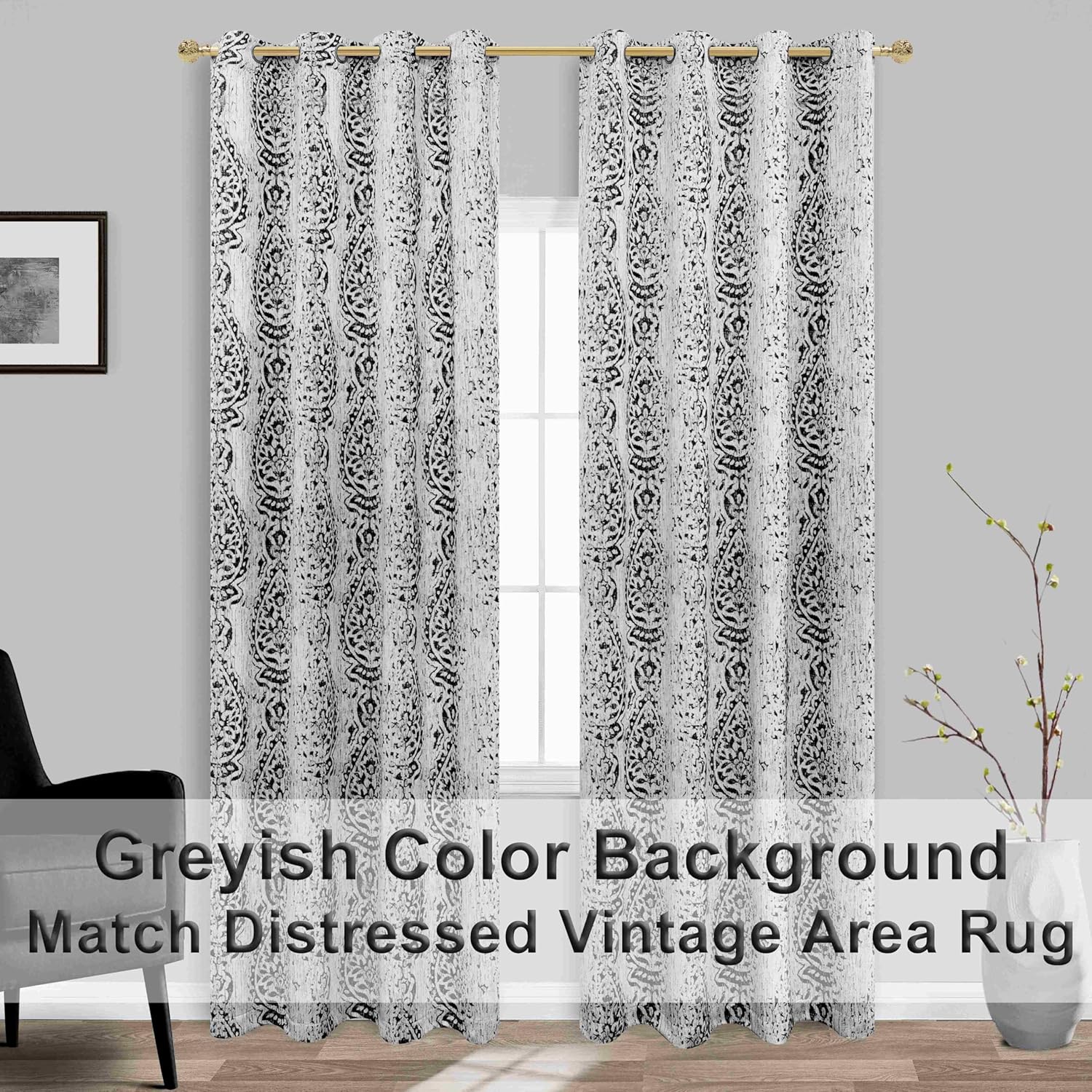Mrs.Naturall Cortinas de sala de estar color crema negro y gris de 84 pulgadas de largo, con patrón de damasco con bloqueo de luz oscura,