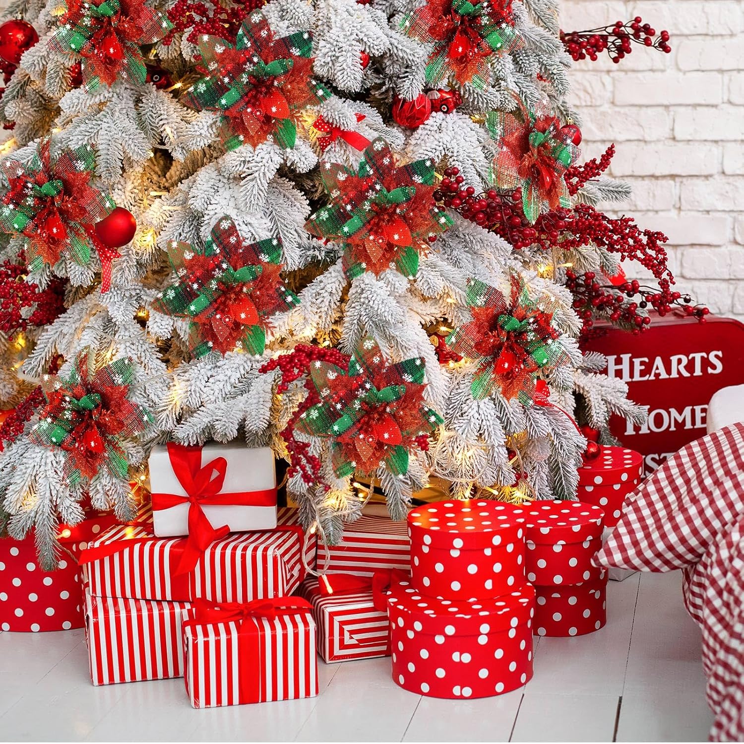 Adornos de flores de Pascua artificiales de Navidad con purpurina y clips y tallos, adornos para árbol de Navidad de Pascua con purpurina para bodas