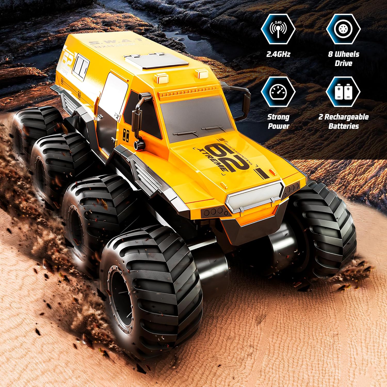 Coche de control remoto, camión RC a escala 112, 8 ruedas, 2.4 GHz, rastreador RC para niños, vehículos eléctricos impermeables todoterreno con 2