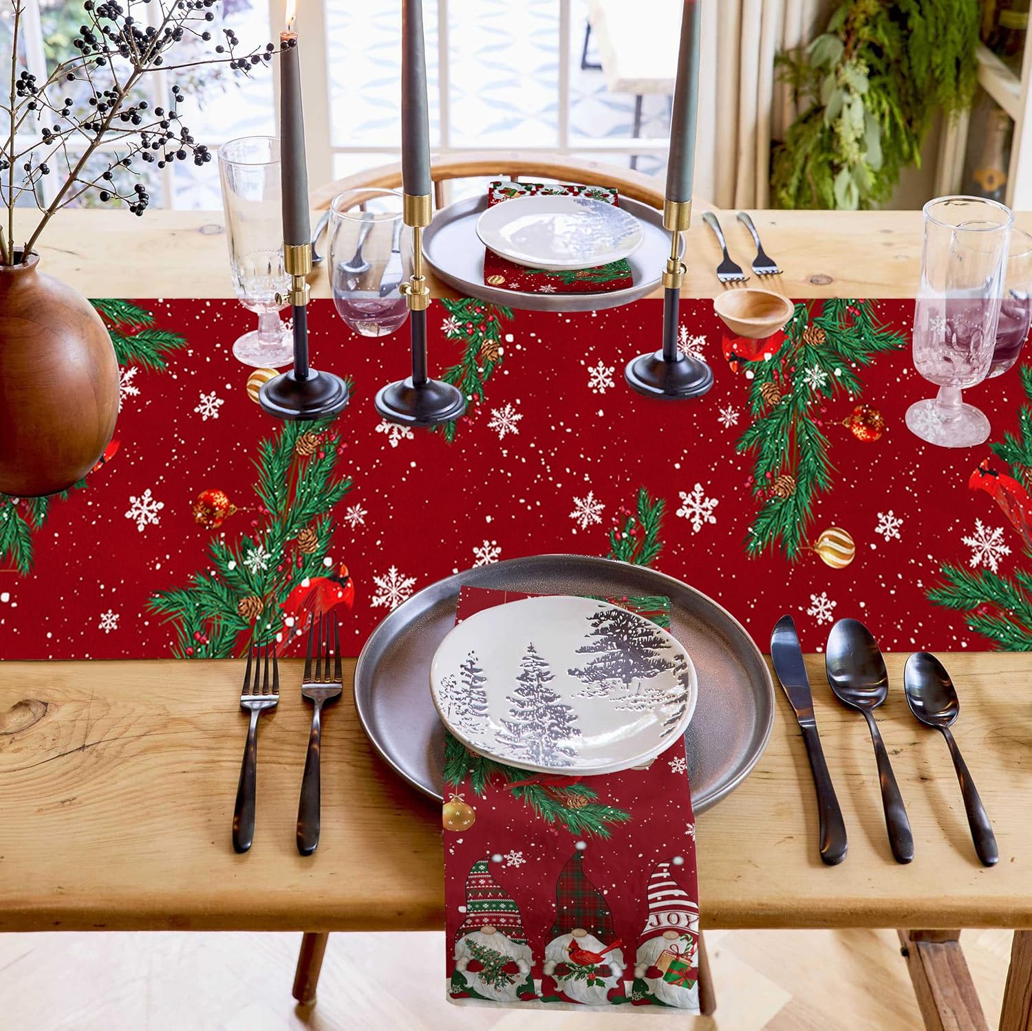 Camino de mesa rojo de Navidad de 36 pulgadas de largo, gnomos de Navidad, cardenales, de algodón, lino, decoración de mesa de comedor para bodas,