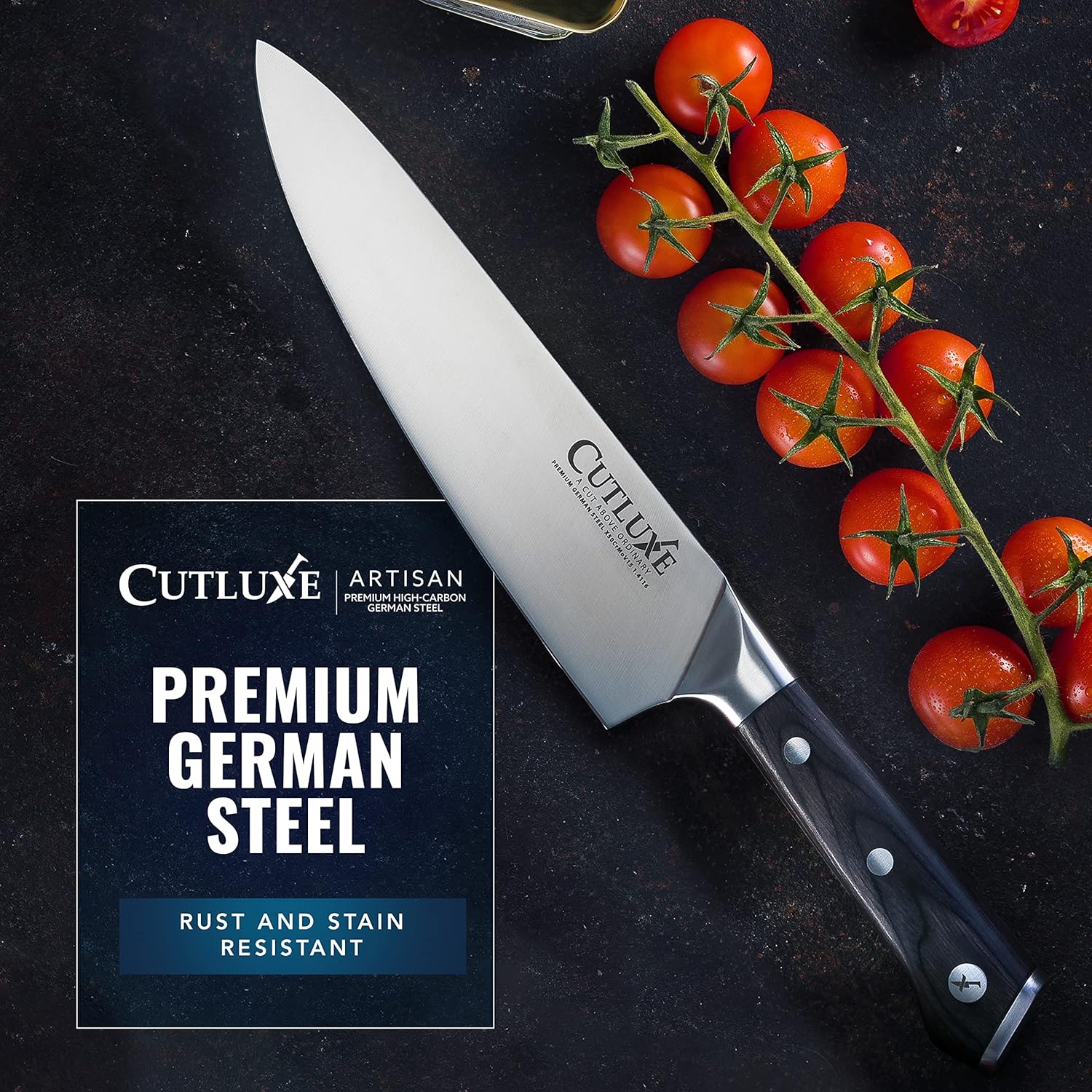 Cutluxe Juego de 5 cuchillos de cocina, juego de cuchillos de chef, acero alemán afilado, espiga completa, asas ergonómicas, serie artesanal