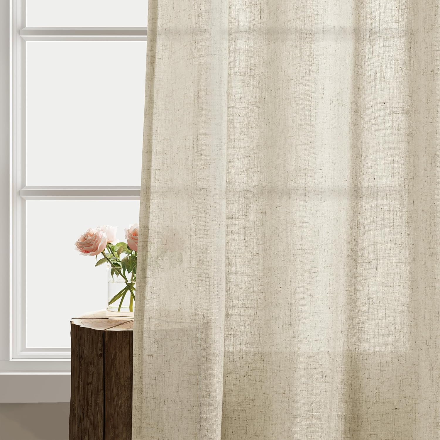 Cortinas de lino beige de 96 pulgadas de largo para dormitorio, cortinas de lino semitraslúcidas que filtran la luz, para sala de estar, casa rural