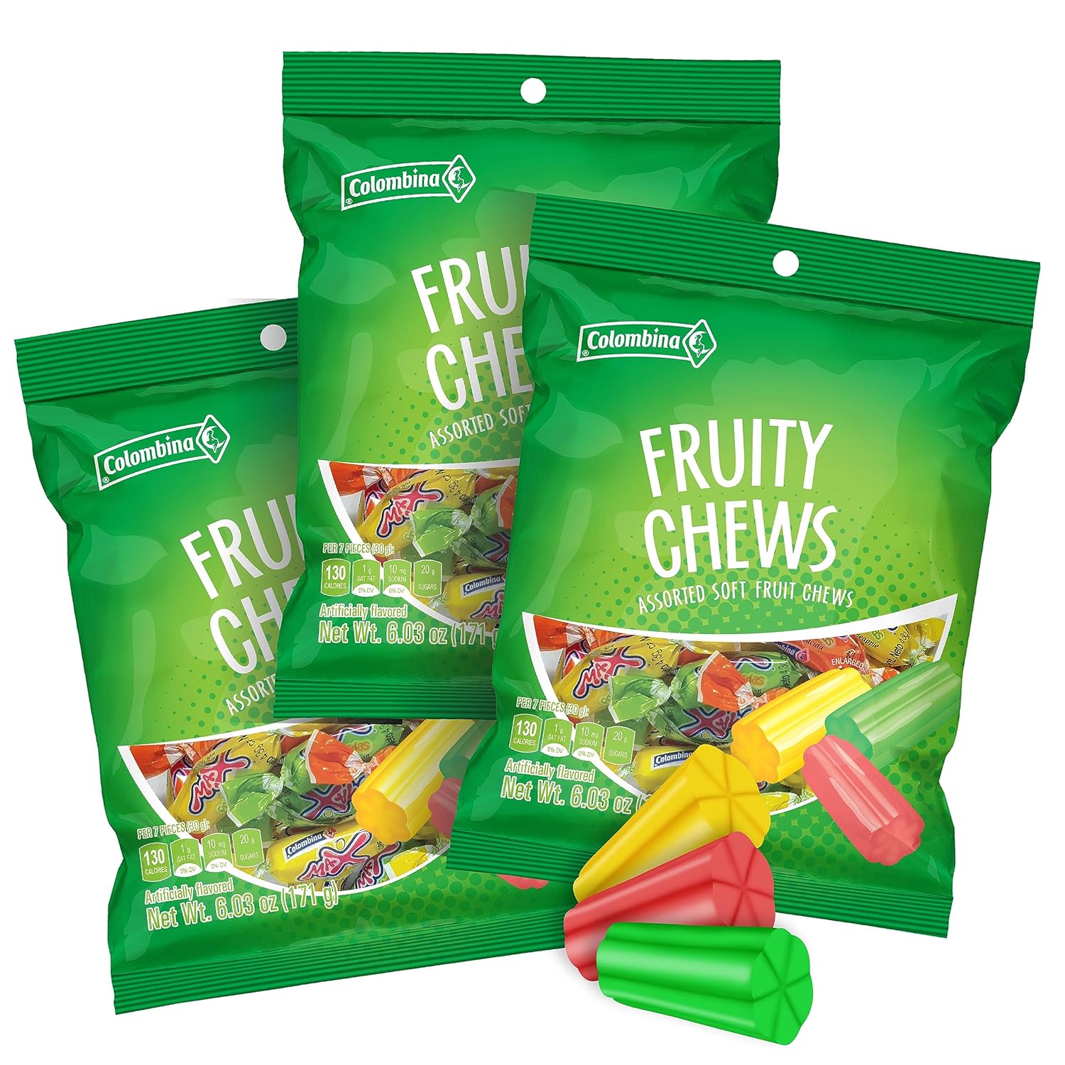 Colombina Fruity Chews  Surtido de dulces masticables de frutas suaves  Sabores de naranja, uva, fresa, piña y manzana verde  Platos de dulces