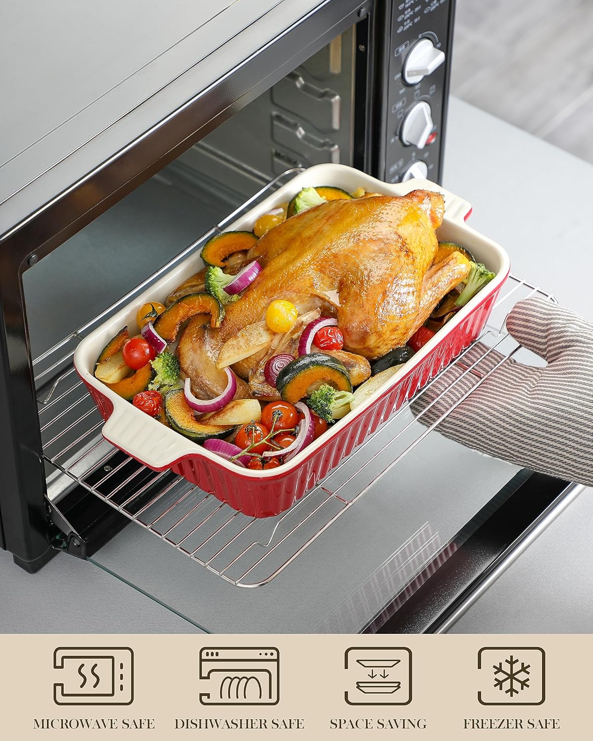 MALACASA Bandeja para hornear, cazuela para horno, bandeja de cerámica de 3 cuartos de galón, bandeja rectangular para lasaña profunda con asas para