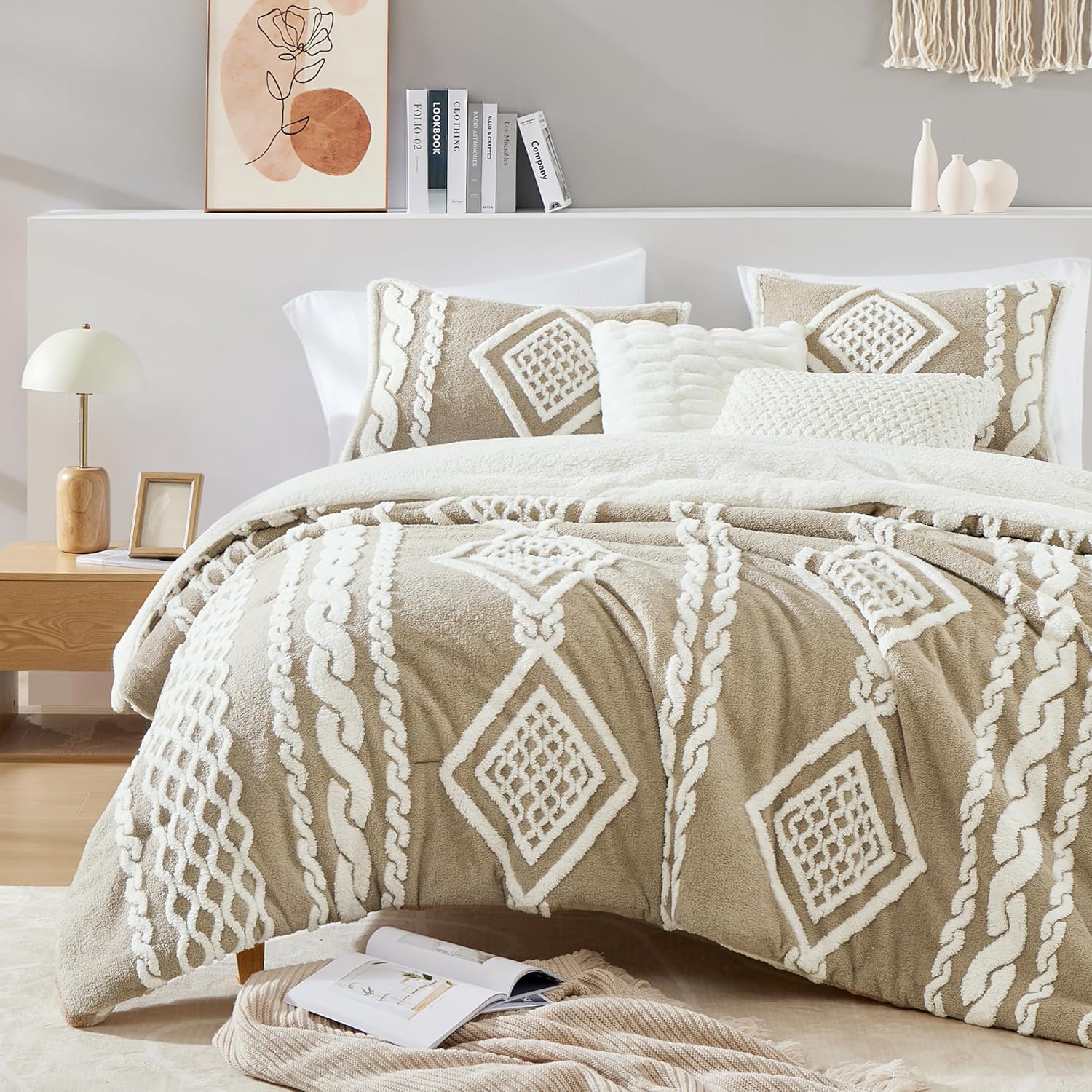 Geniospin Juego de edredón tamaño matrimonial, juego de edredón sherpa ultrasuave para cama de tamaño matrimonial, juegos de ropa de cama jacquard