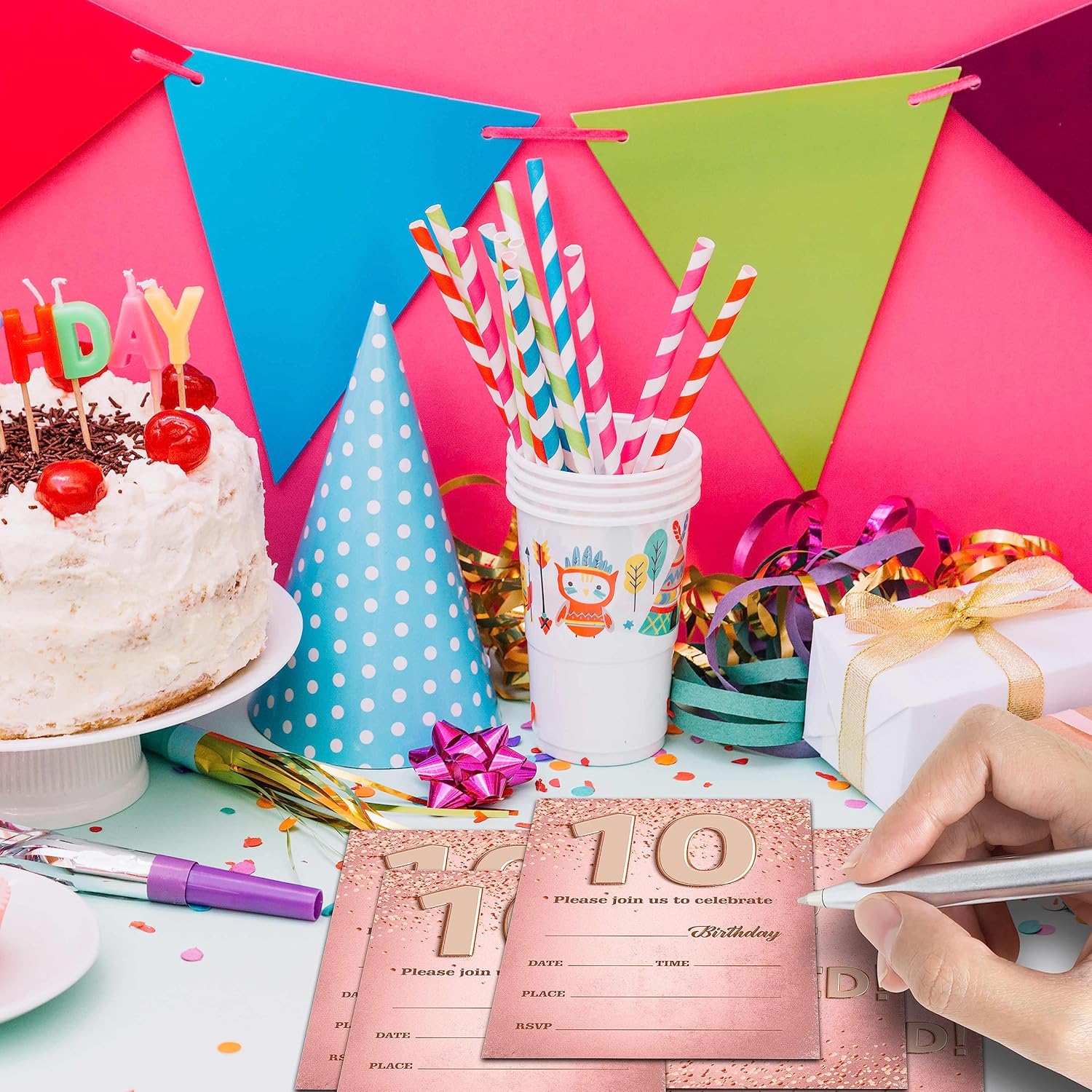 Invitaciones de cumpleaños número 10 para niños, tarjetas de invitación de fiesta de cumpleaños de oro rosa, suministros de decoración de fiesta de