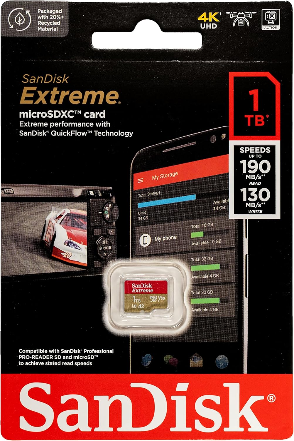 SanDisk Micro 1TB Extreme Memory Card funciona con GoPro Action Camera Hero 12 Negro (SDSQXAV-1T00-GN6MN) V30 A2 UHS-I U3 Clase 10 Bundle con 1