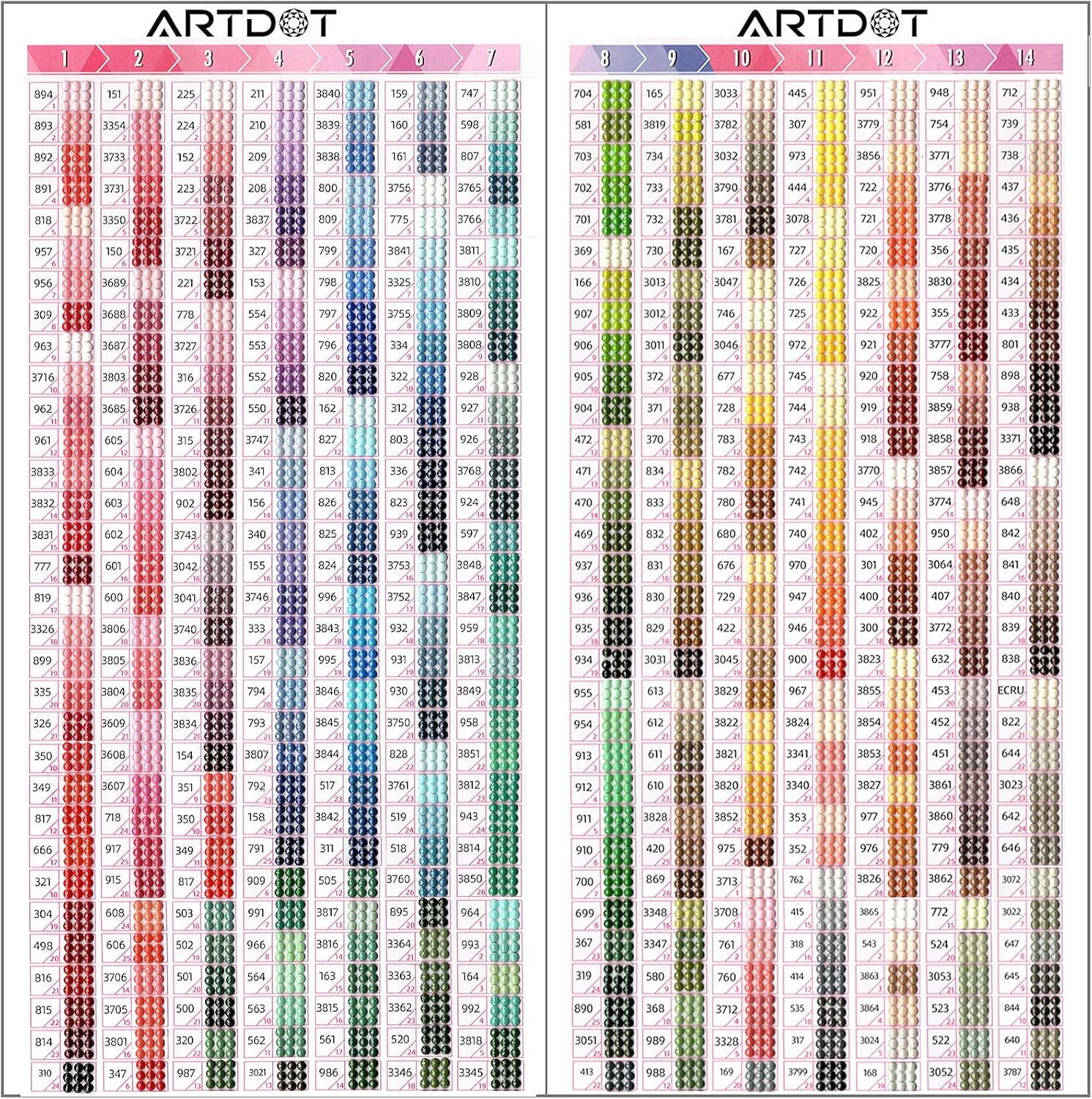 ARTDOT Tarjeta de color para kits de pintura de diamantes, herramientas de referencia de arte de diamante 5D con número DMC a juego de 445 colores