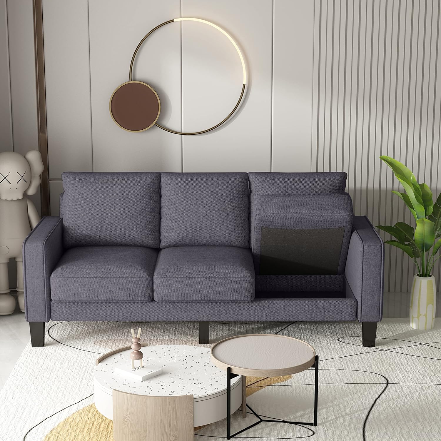 Sofá moderno de mediados de siglo, sofá de 3 plazas de 75 pulgadas con patas de madera maciza y reposabrazos cómodos para sala de estar o