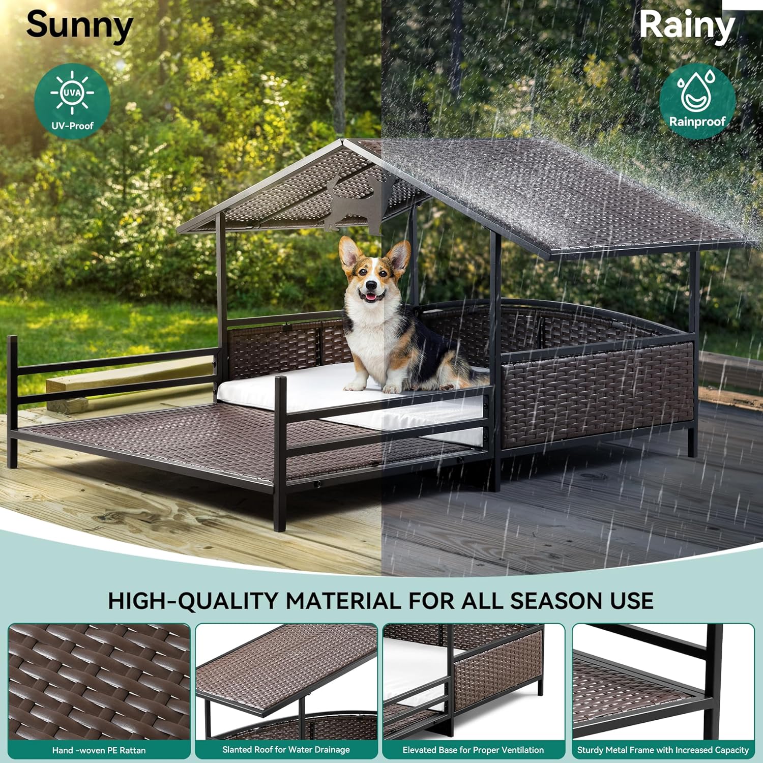 YITAHOME Casa grande de mimbre para perros de 32.9 pulgadas con cojín para interiores y exteriores, cama elevada para perros con dosel, resistente