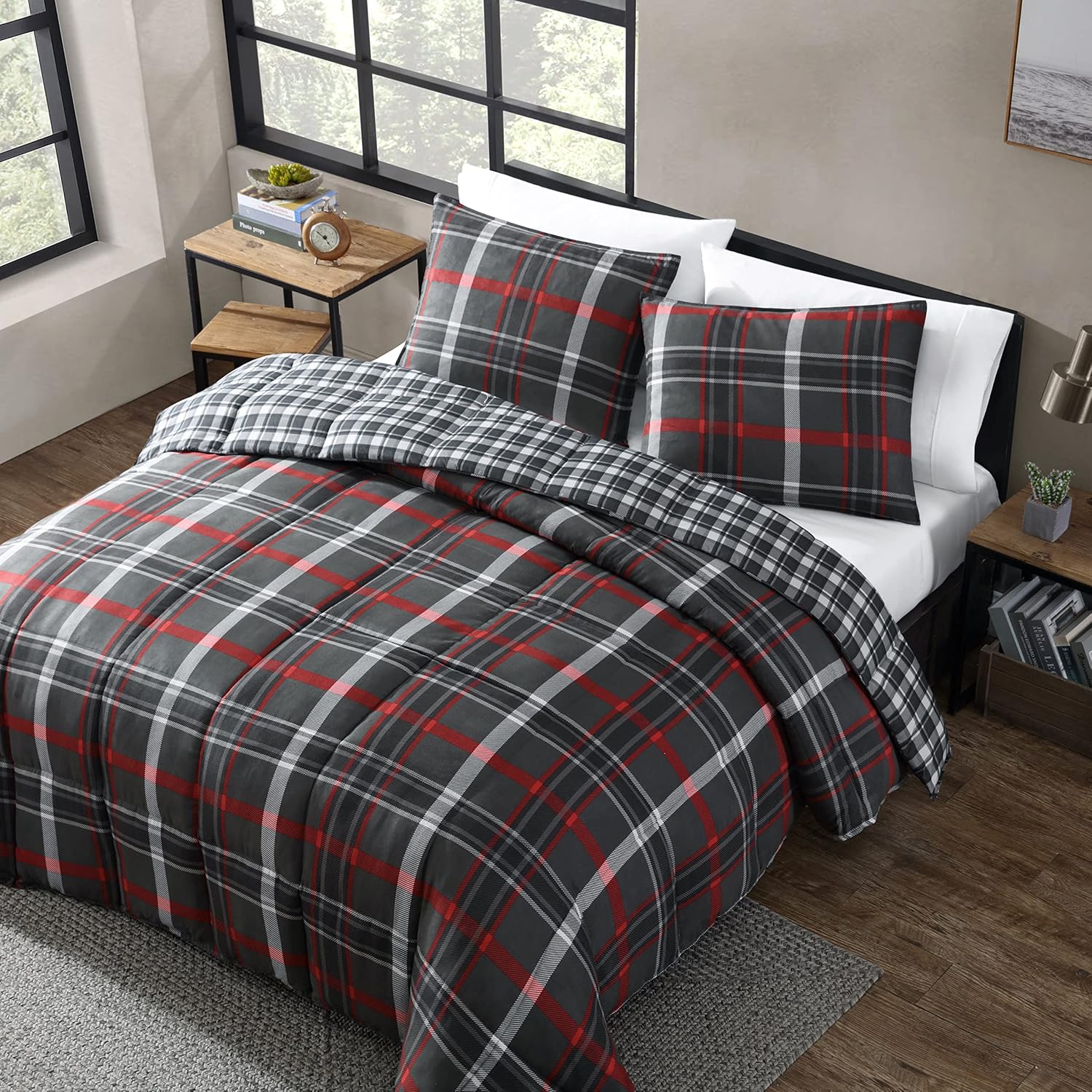 Eddie Bauer – Juego de edredón tamaño Queen, ropa de cama reversible a cuadros con fundas a juego, decoración del hogar para meses más fríos (gris