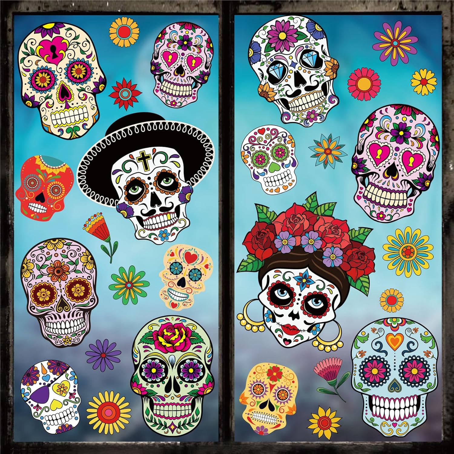 Whaline 9 hojas de calcomanías para ventana con diseño de calavera de azúcar de doble cara para Halloween, patrones de flores coloridas, calcomanías