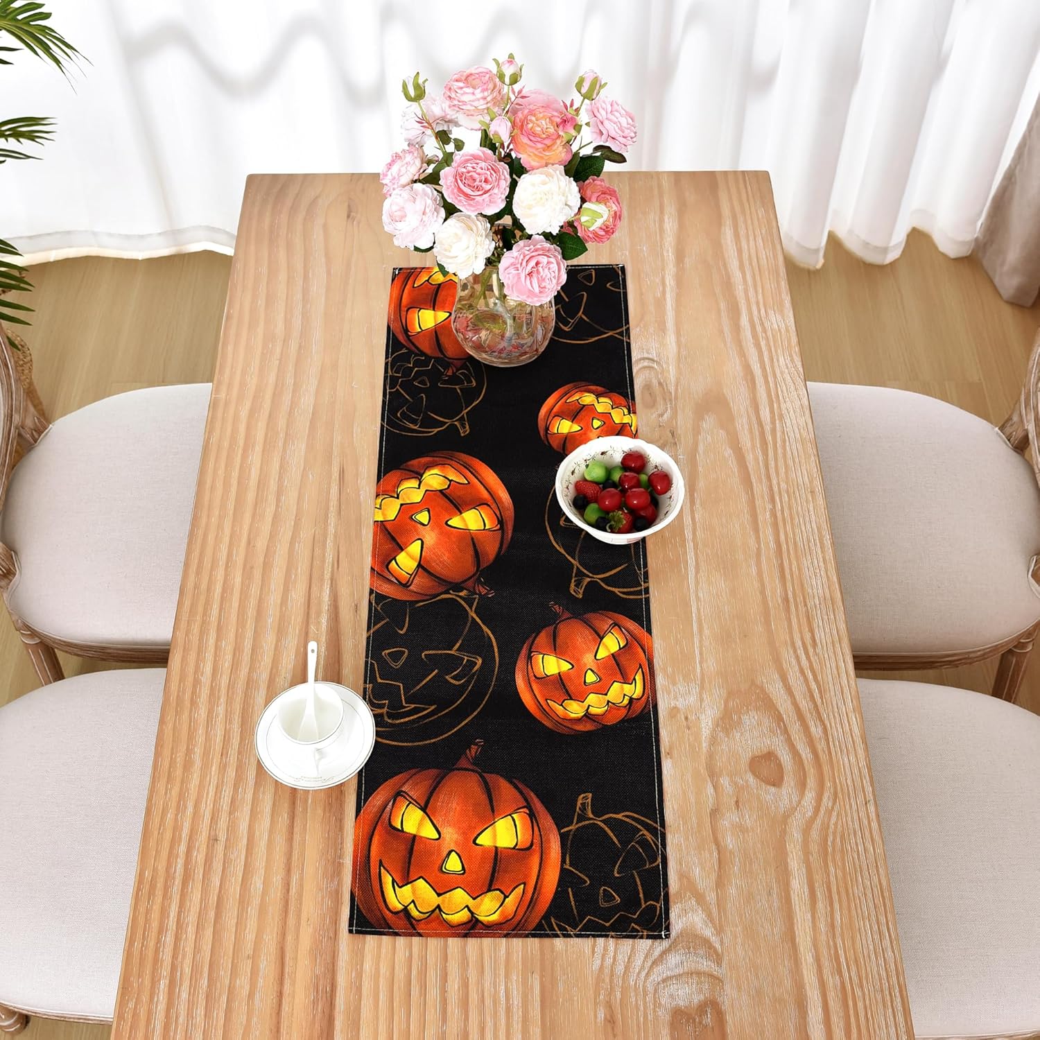 Camino de mesa de Feliz Halloween, camino rectangular negro y naranja con calabaza malvada para decoración de mesa de comedor o decoración de fiesta