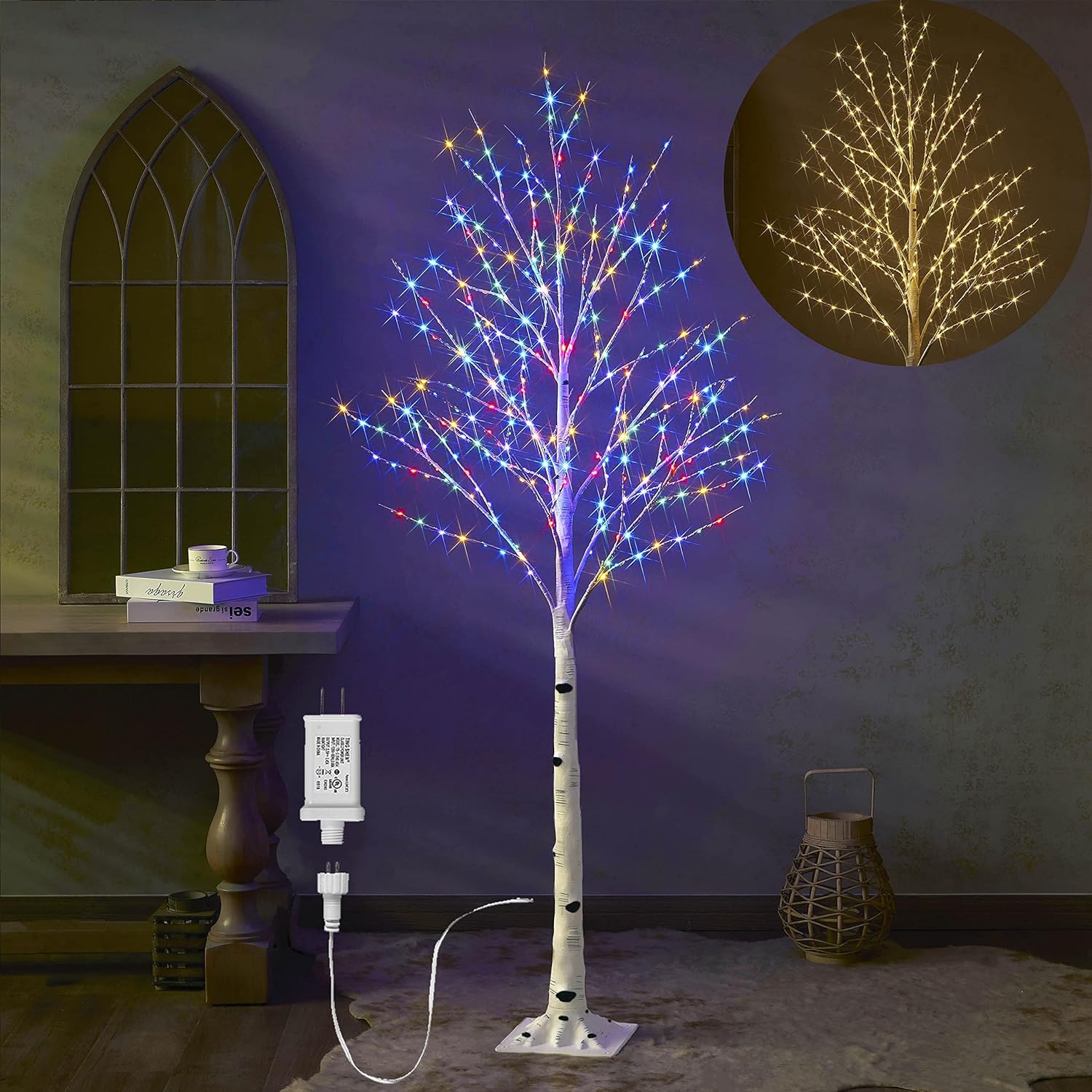 Hairui Árbol de abedul iluminado con luces de hadas de color blanco cálido y multicolor, 8 funciones, 6 pies, árbol sintético con luces para