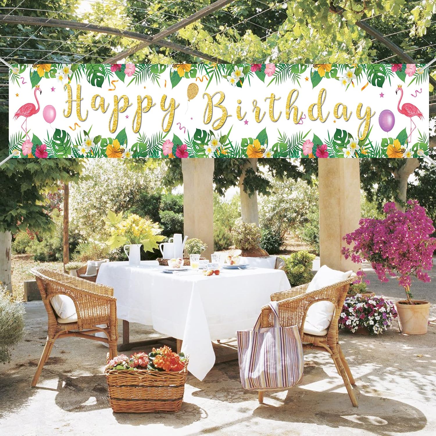 Cartel de feliz cumpleaños, decoración de fiesta de flamenco, decoración de fiesta hawaiana tropical de verano, telón de fondo de fotografía,