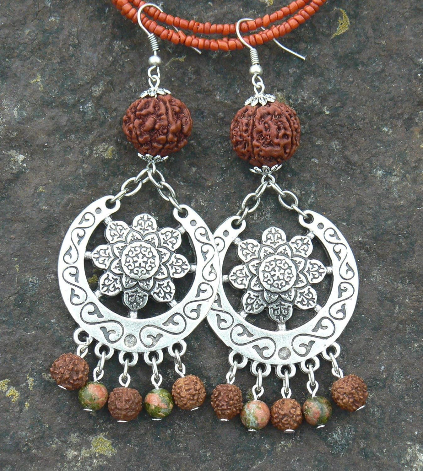 Mandala Earrings with Rudraksha Beads and Unakite Stones – Handmade, Shakti flower, Real 5 Mukhi Rudraksh Seed, Saraswati Festival Jewelry, Hippie
