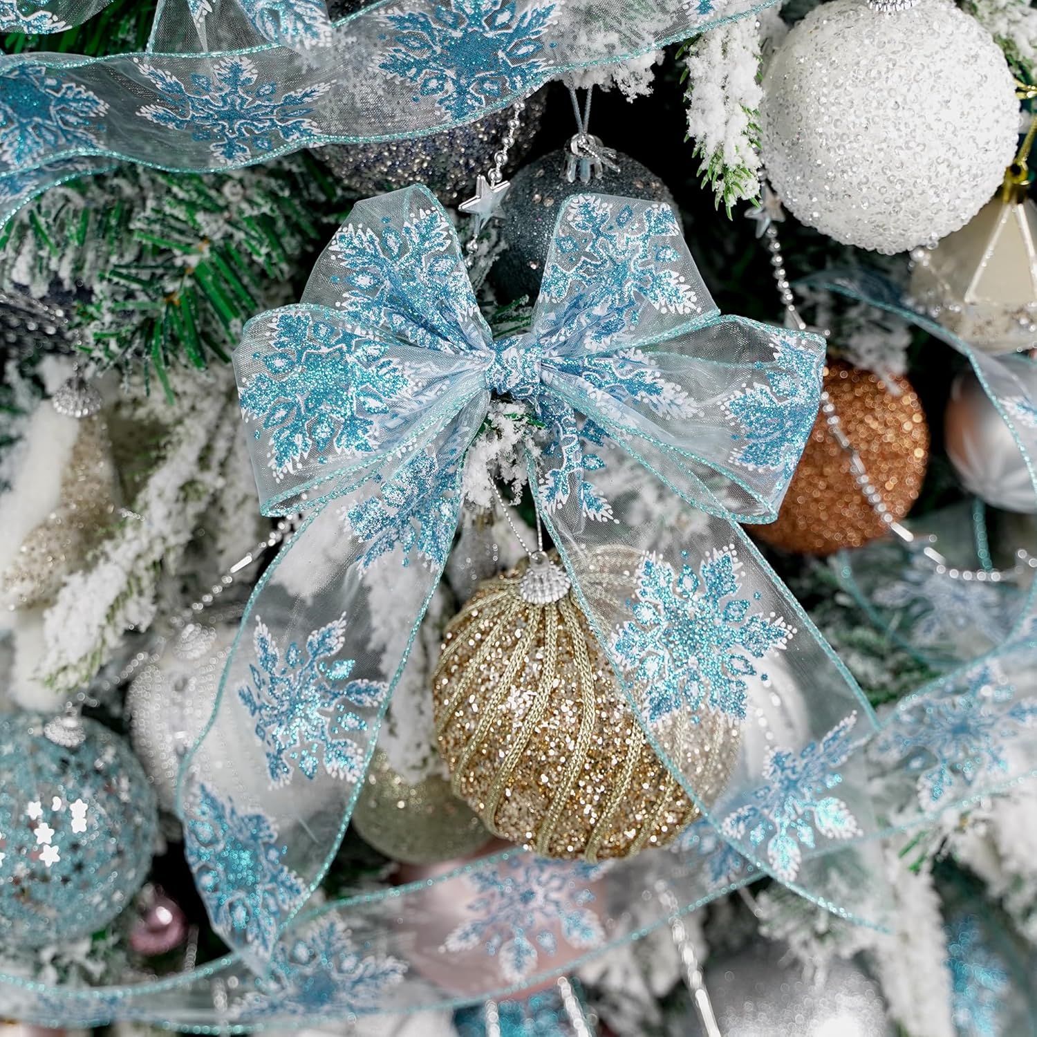 HUIHUANG Cinta de copo de nieve con purpurina, cinta de copo de nieve azul y blanca para árbol de Navidad, 2-12 pulgadas x 25 yardas, cinta de