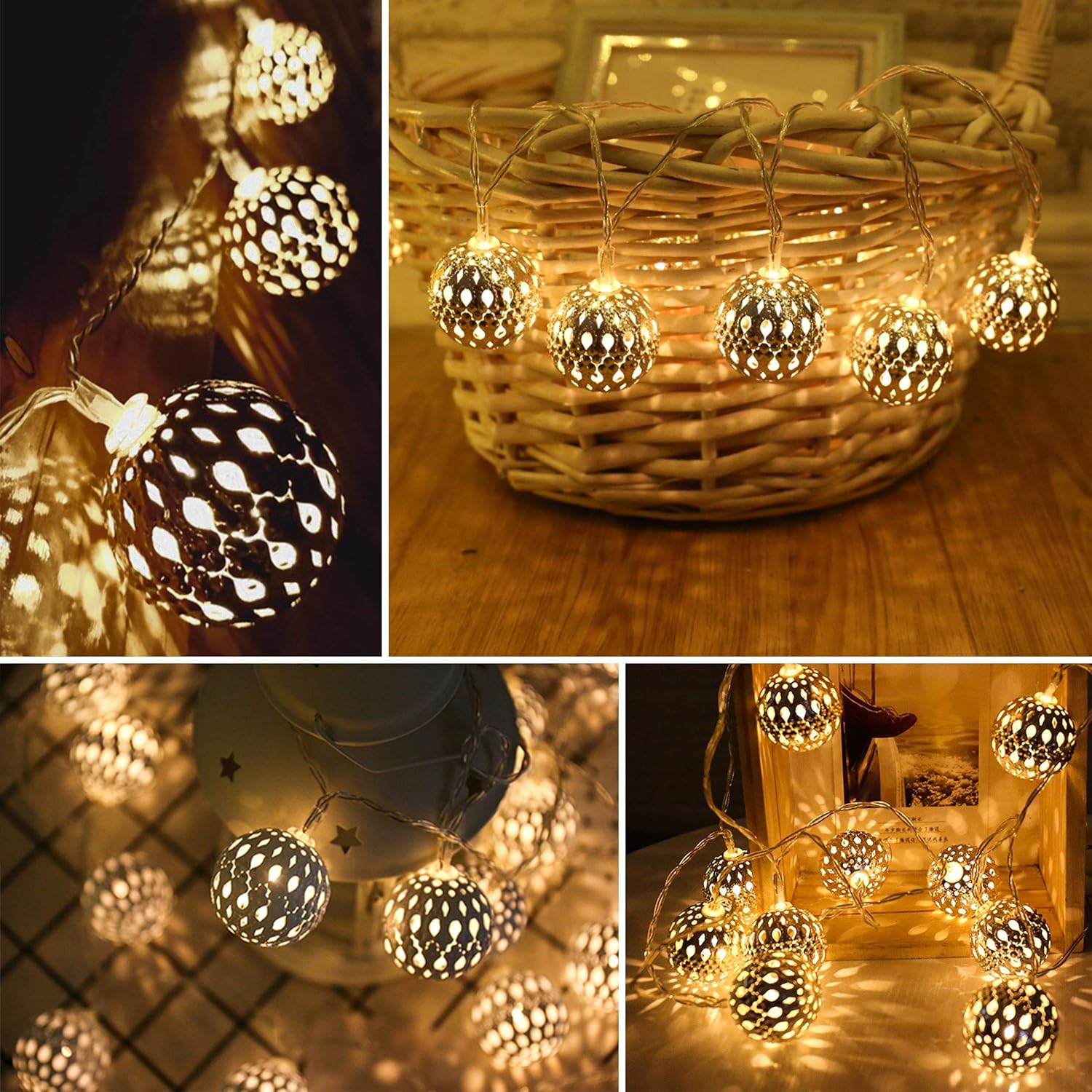 Guirnalda de luces marroquíes alimentadas por pilas, 40 luces LED plateadas con temporizador, luces blancas cálidas para bodas, vacaciones,