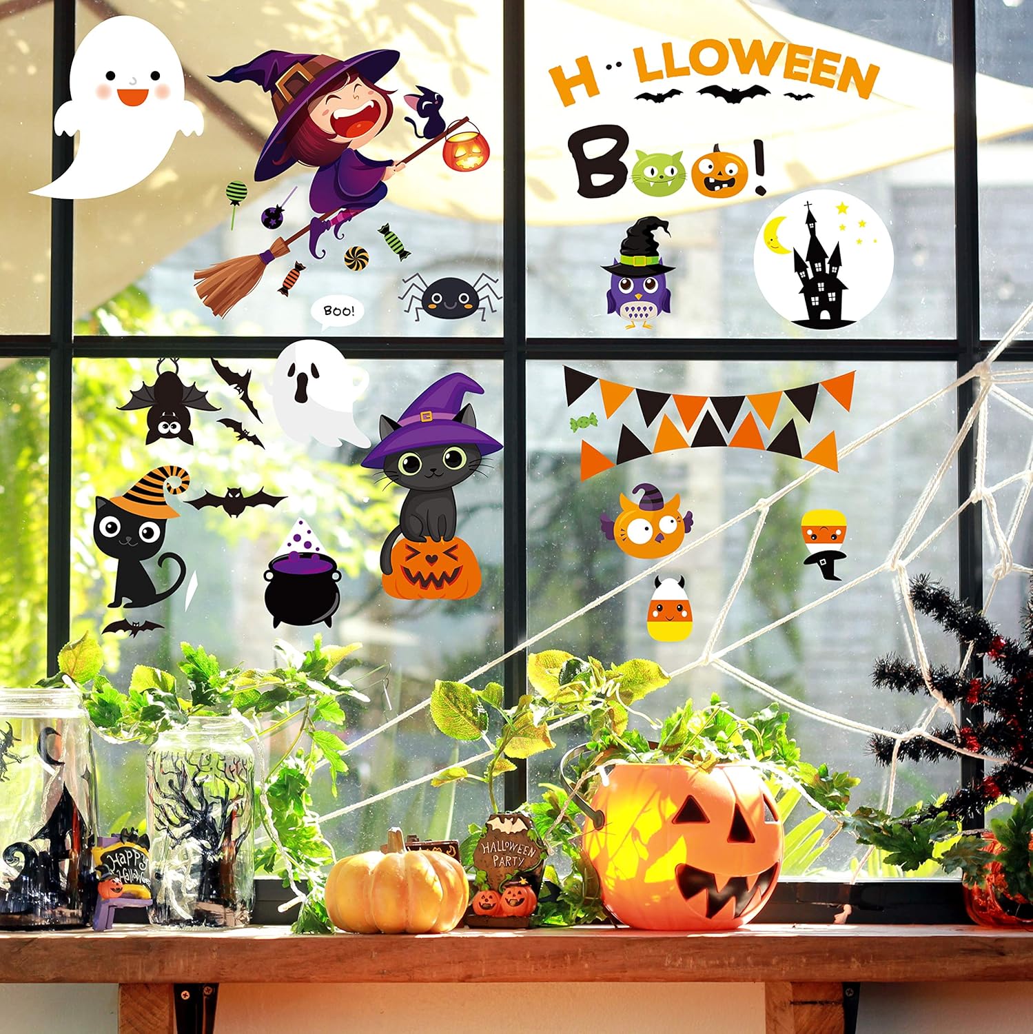 MISS FANTASY Adhesivos para ventana de Halloween, decoración de ventana de Halloween, calcomanías de ventana de Halloween, lindo fantasma de