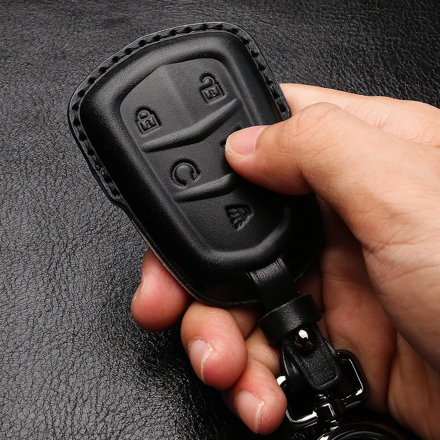 Tukellen Funda de cuero para llavero Cadillac con llavero de cuero, protección completa de 360 grados, compatible con Cadillac Escalade CTS SRX XT5