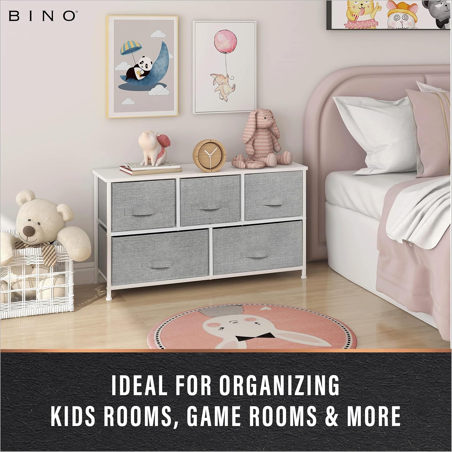 BINO Organizador de tela de 5 cajones, gris claro, unidad organizadora de armario, torre de aparador, cajón de ropa y muebles de tocador, cajón