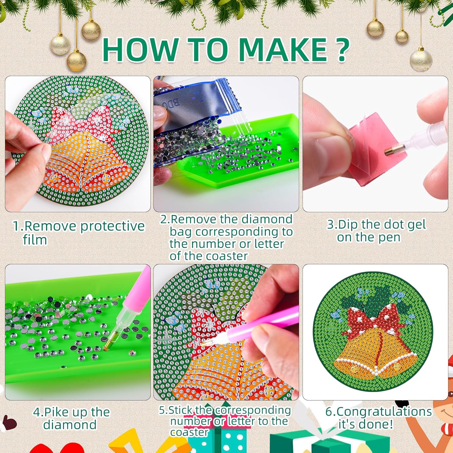 JHGCVX Juego de 10 posavasos de pintura de diamantes de Navidad, posavasos de arte de diamante con soporte, posavasos de pintura de diamantes de