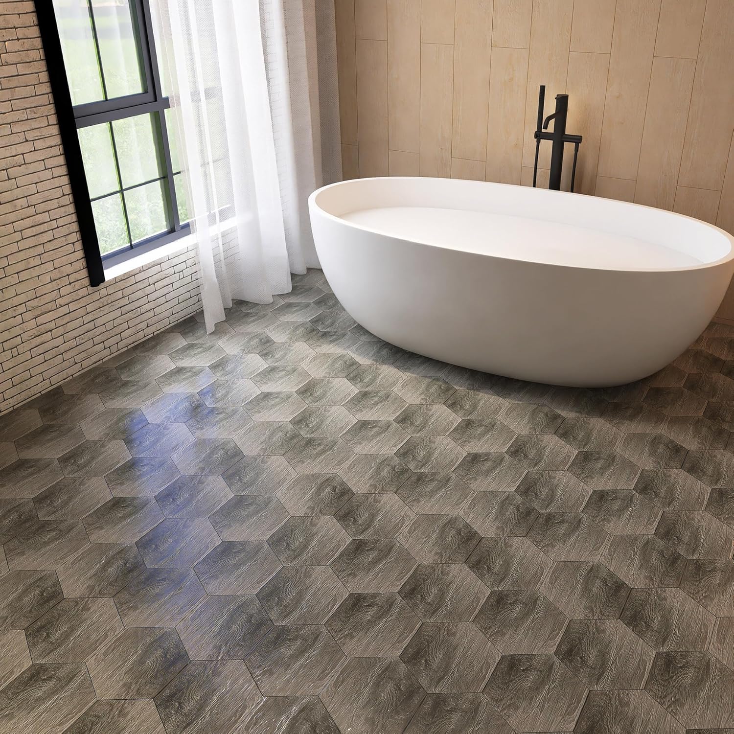 KASARO Azulejo decorativo autoadhesivo de PVC hexagonal de 15 hojas, para baño, dormitorio, cocina, sala de estar, suelo de piedra de mármol de 0.12
