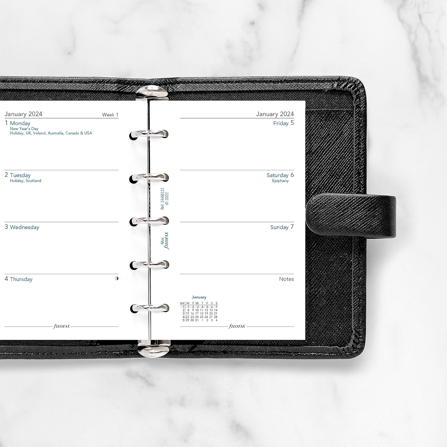Filofax Recambio de diario para calendario, tamaño mini, sección de notas de semana a vista, papel blanco, sin rayas, inglés, 2024 (C68121-24)