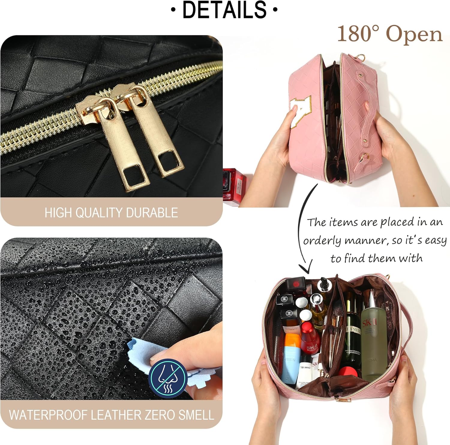 Bolsa de cosméticos de viaje de gran capacidad  Bolsa de maquillaje portátil con inicial para mujer, bolsa organizadora de maquillaje de piel