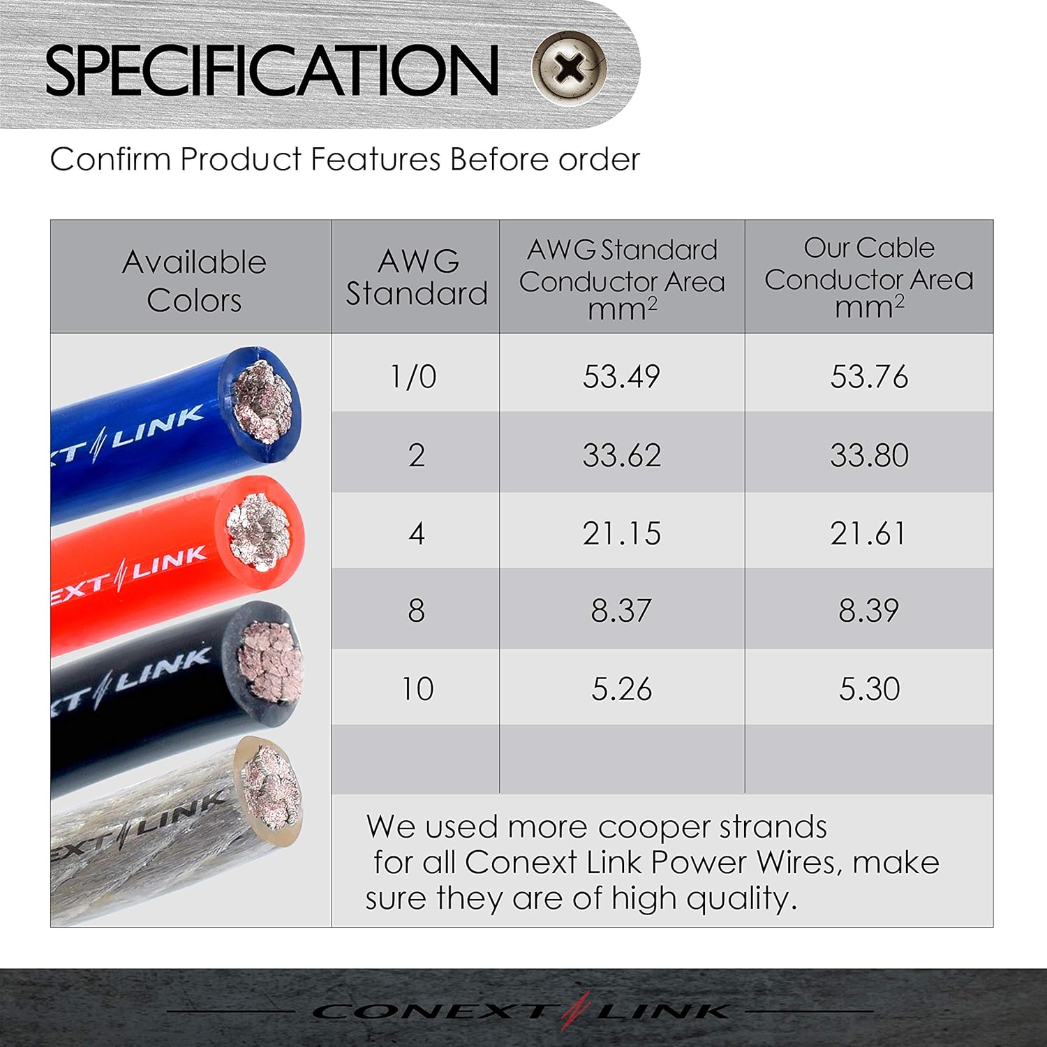 Conext Link Cable de alimentación de batería de calibre completo de 15 pies 10 AWG 0 GA, cable de tierra de cobre OFC plateado transparente (10042)