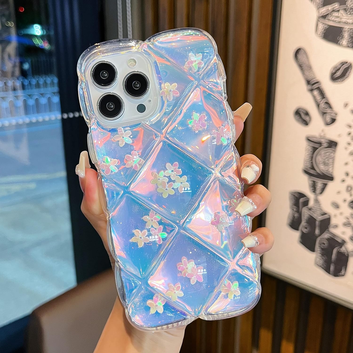 Qokey Funda para iPhone 14 Pro, bonita funda transparente con purpurina gradual láser + tarjeta translúcida marco ondulado suave anticaídas, borde