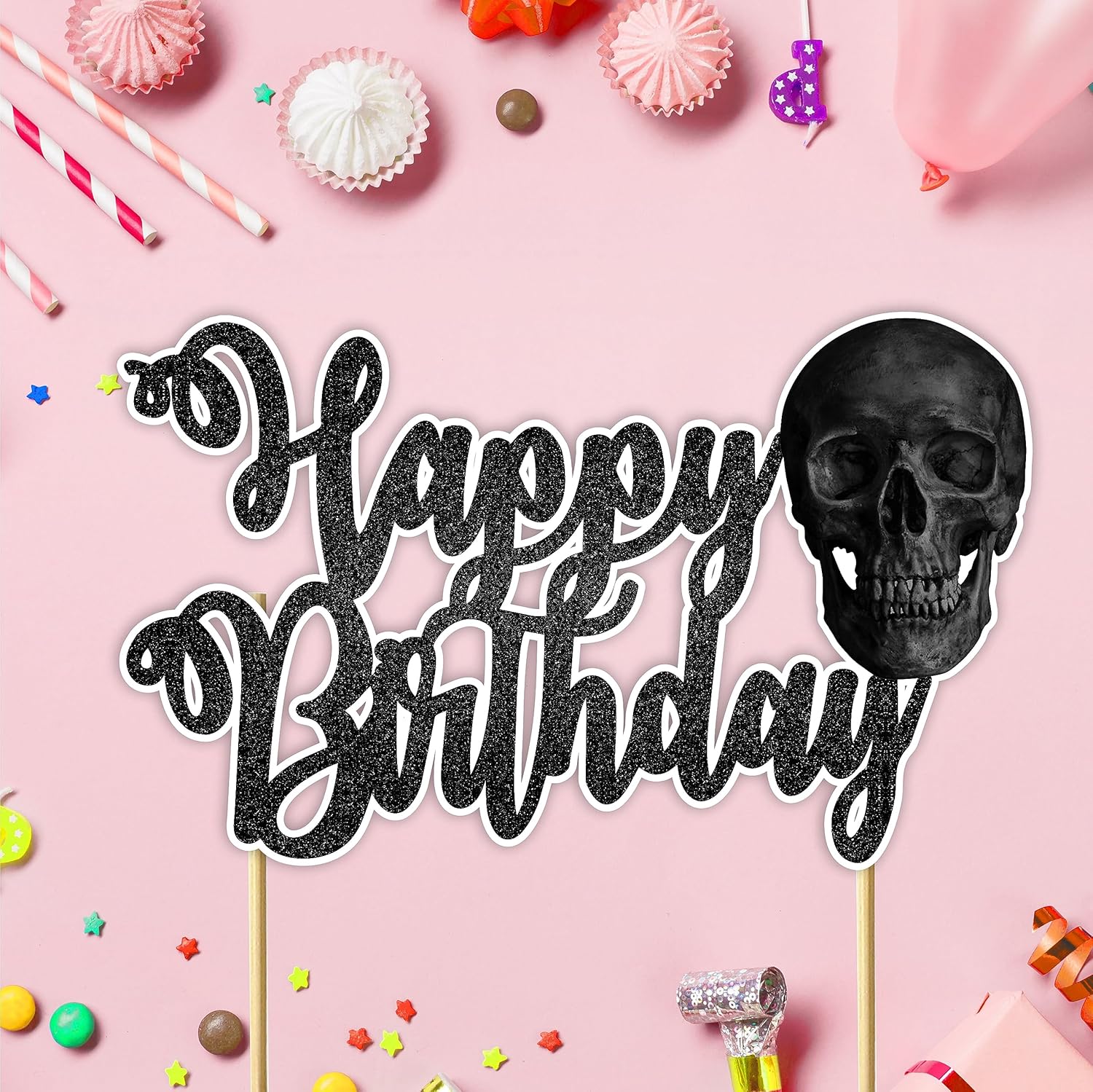 Seyal Decoración para pastel de feliz cumpleaños con calavera