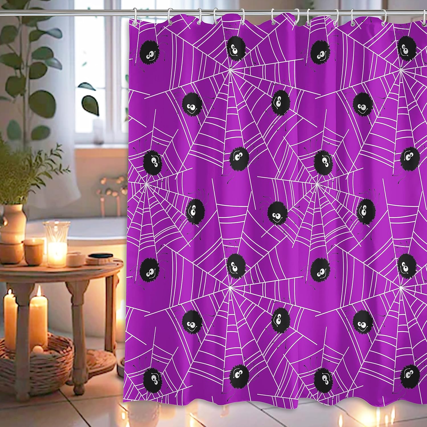 Cortina de ducha de Halloween, telaraña de Halloween, cortinas de ducha moradas espeluznantes para baño, decoración del hogar de Halloween, tela