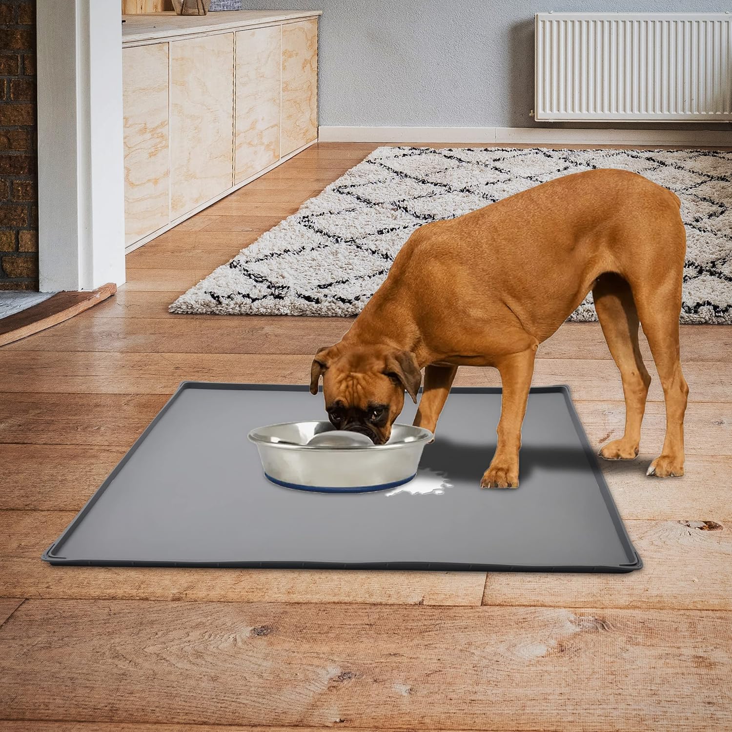 Mofason Tapete impermeable para comida para mascotas, tapete para perros de 32 x 24 pulgadas, grande  0.7 pulgadas, borde elevado, mantel individual
