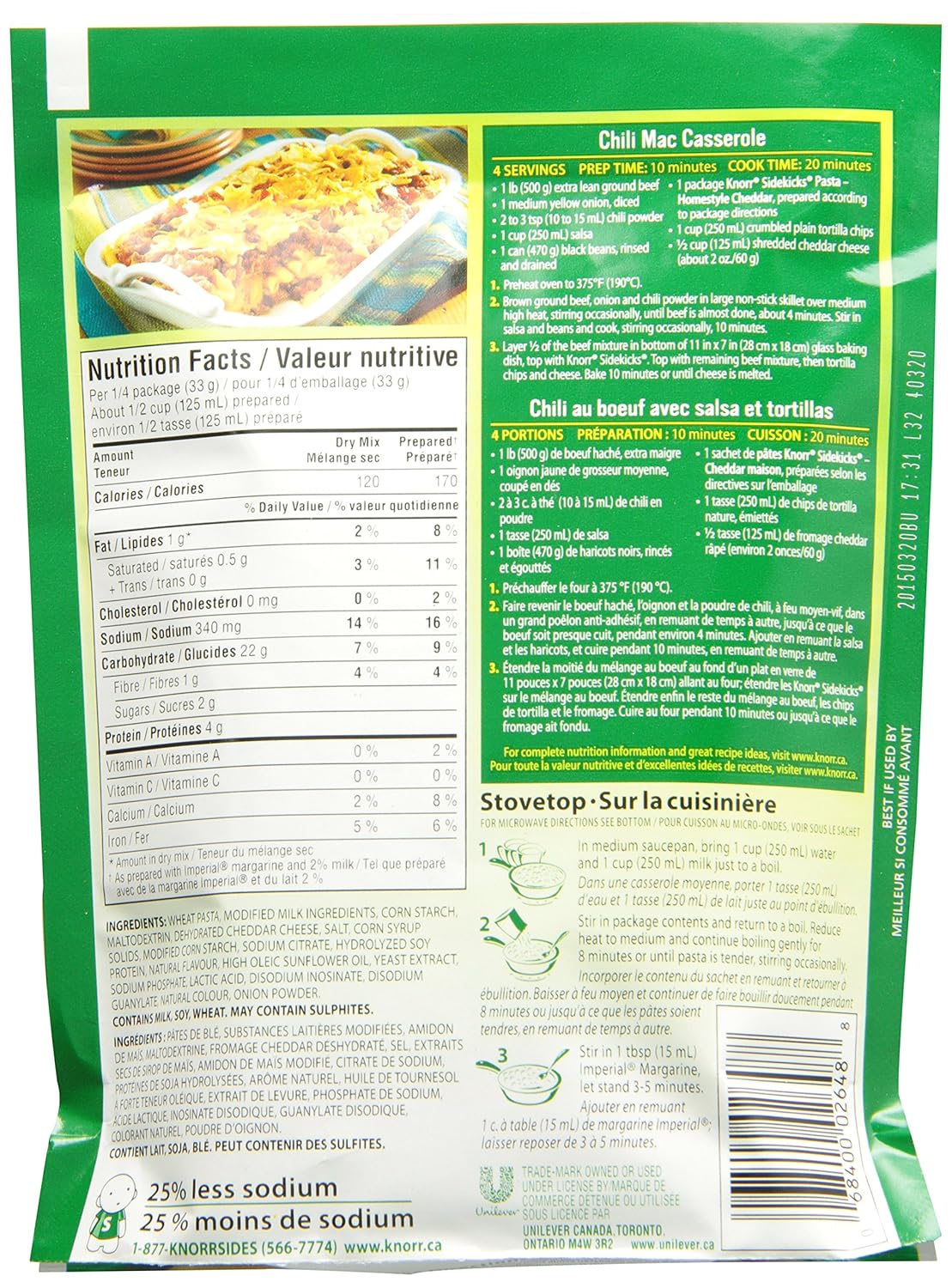 Knorr Pasta Homestyle Cheddar Guarniciones 131g4.6 oz., 8pk Importado de Canadá