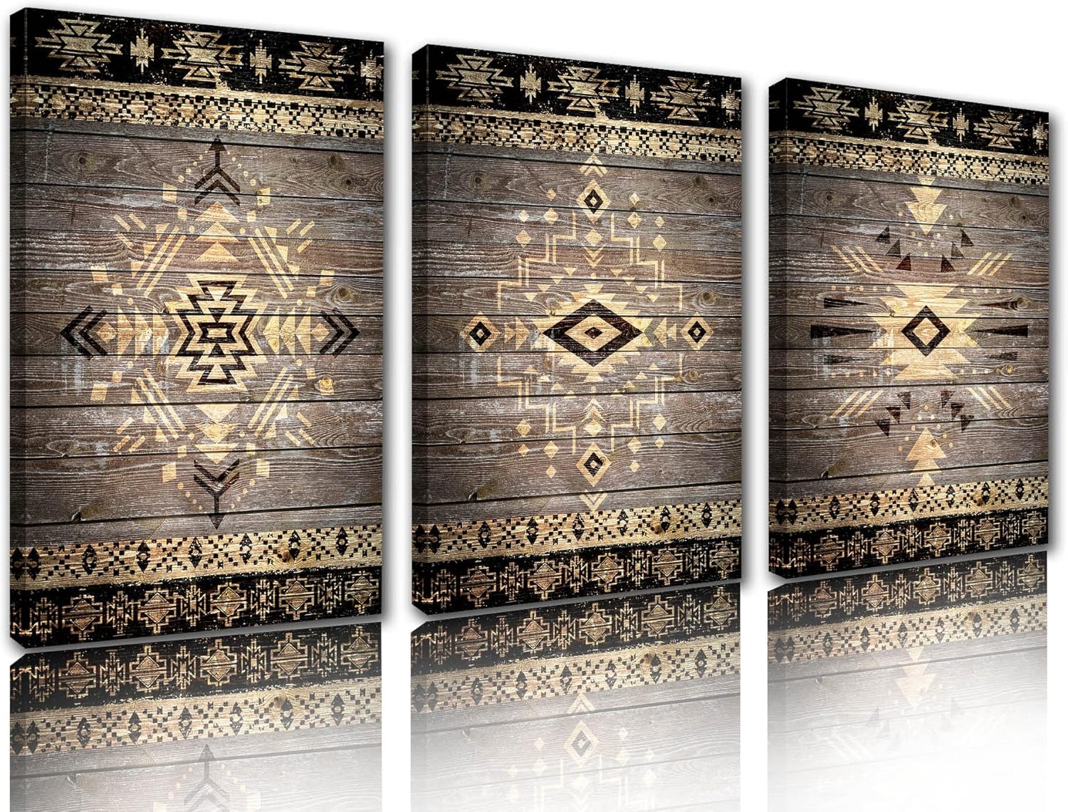 Cuadros de pared para sala de estar, pinturas indias tribales mexicanas aztecas, 3 paneles, lienzo de madera, arte de pared retro de cultura