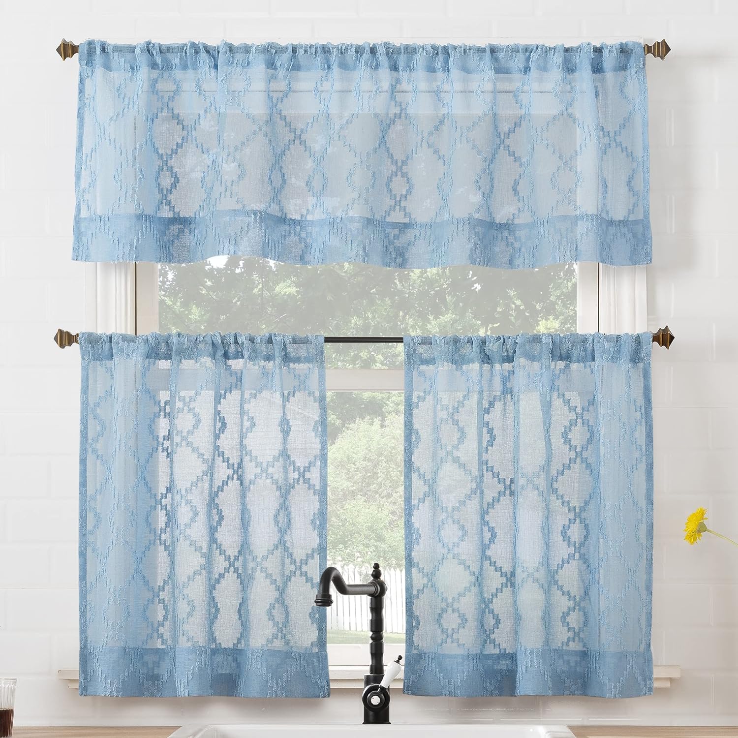 No. 918 Tina – Juego de cenefas y niveles de cortina de cocina semitransparentes con recortes geométricos, 54 x 36 pulgadas, azul tranquilo
