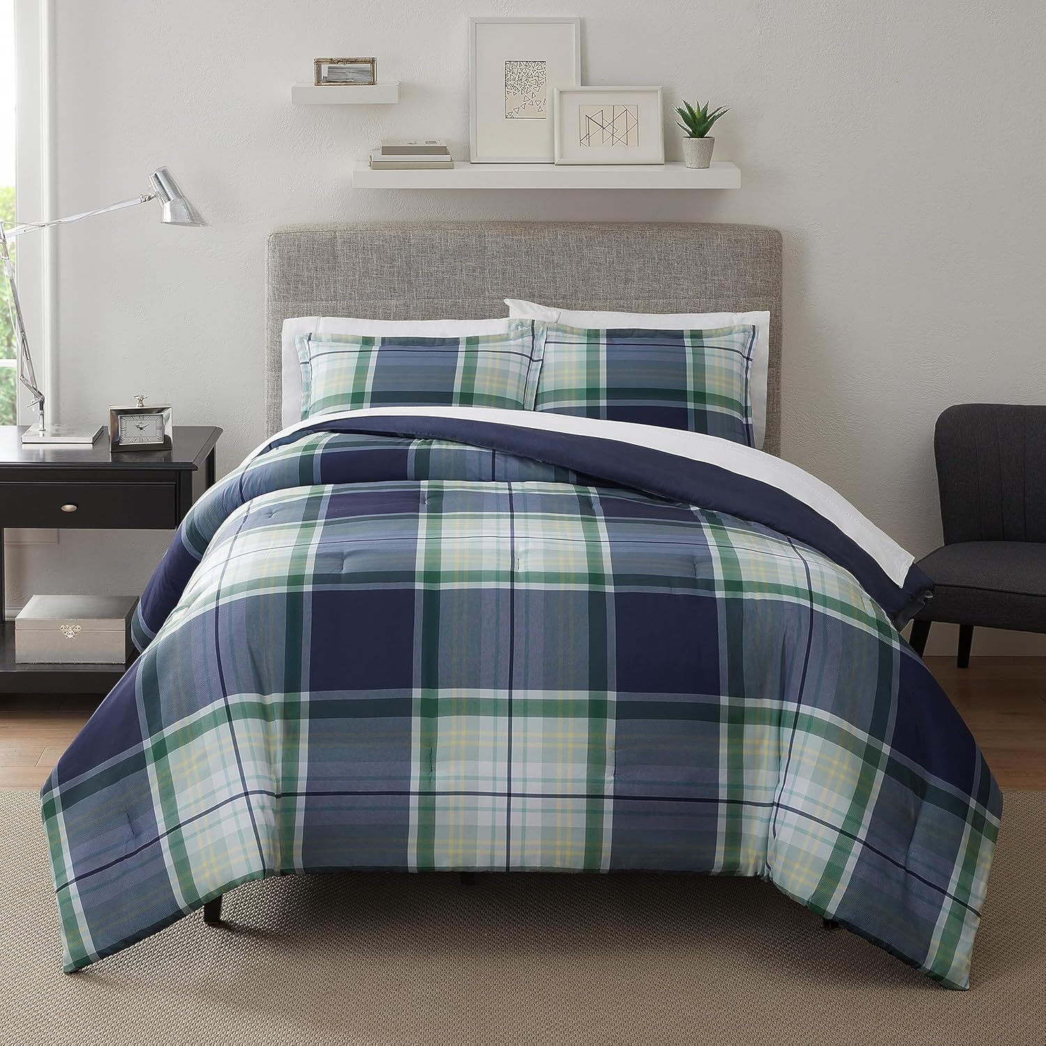 Serta Simply Clean Scott – Juego de edredón suave y moderno de 2 piezas a cuadros con funda de almohada para todas las estaciones, individual XL,