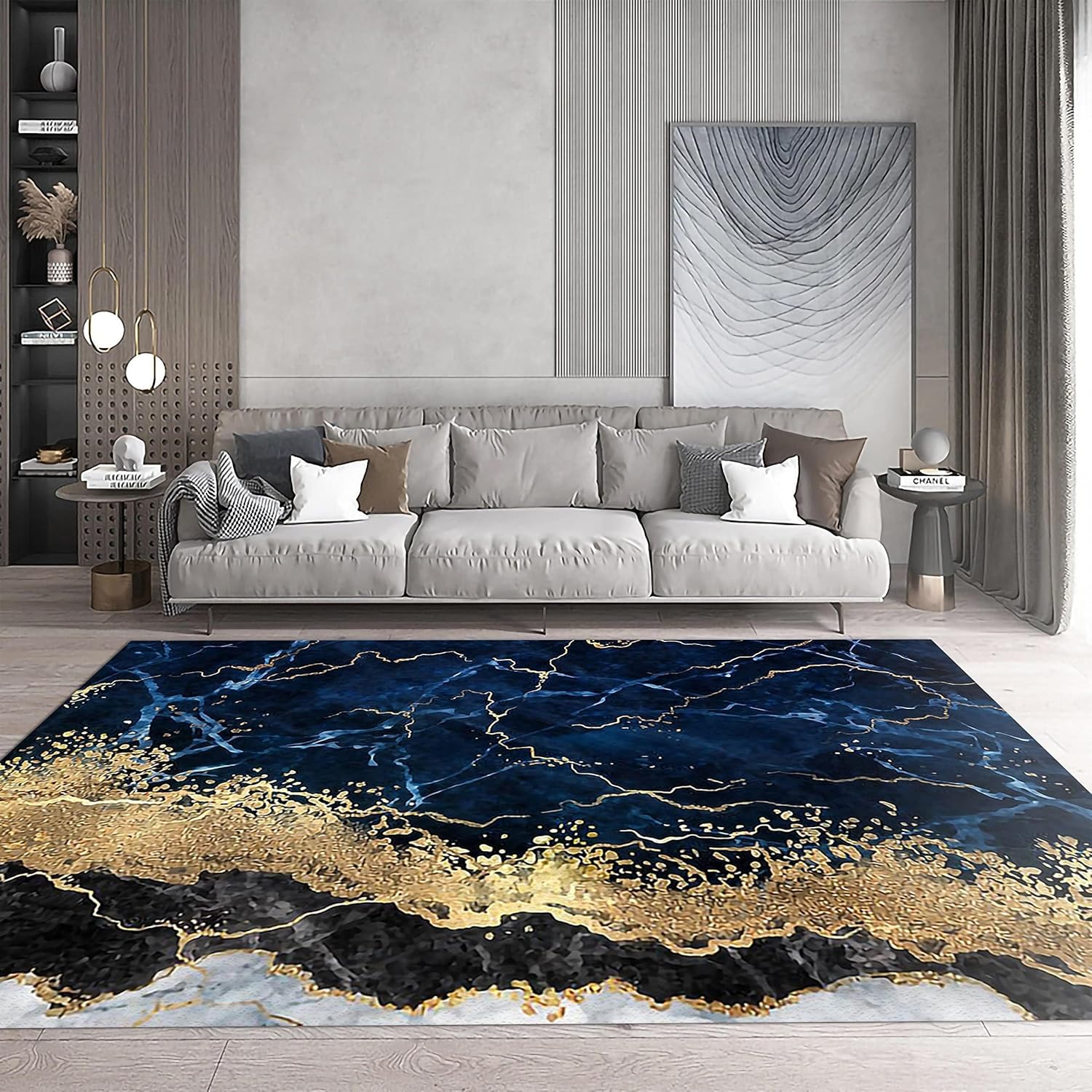 Alfombras de 3 x 5 pies, alfombra de mármol azul dorado para dormitorio, textura de arte abstracto, alfombra grande para sala de estar, suave y