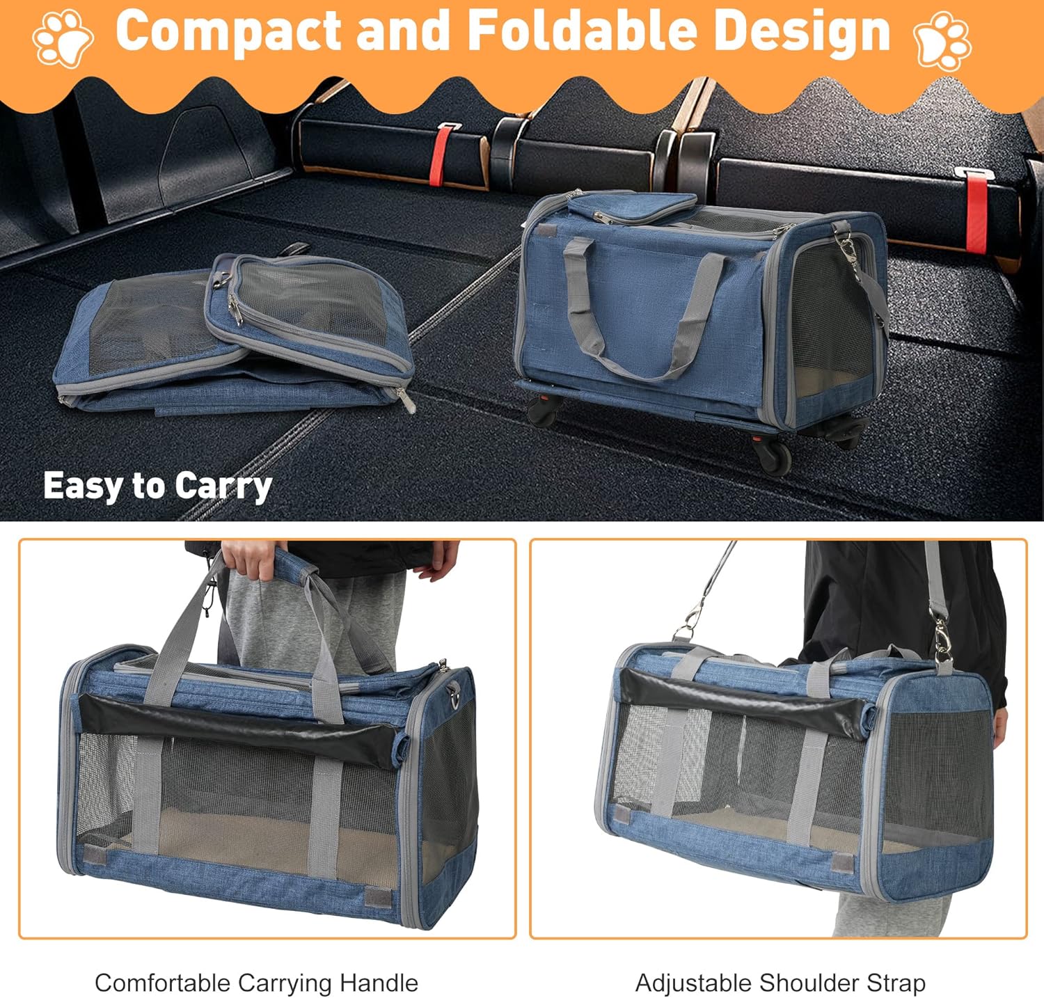 LUCKYERMORE Transportador plegable para mascotas con ruedas para gatos pequeños perros cachorros de hasta 27.5 libras, bolsa portátil para gatos